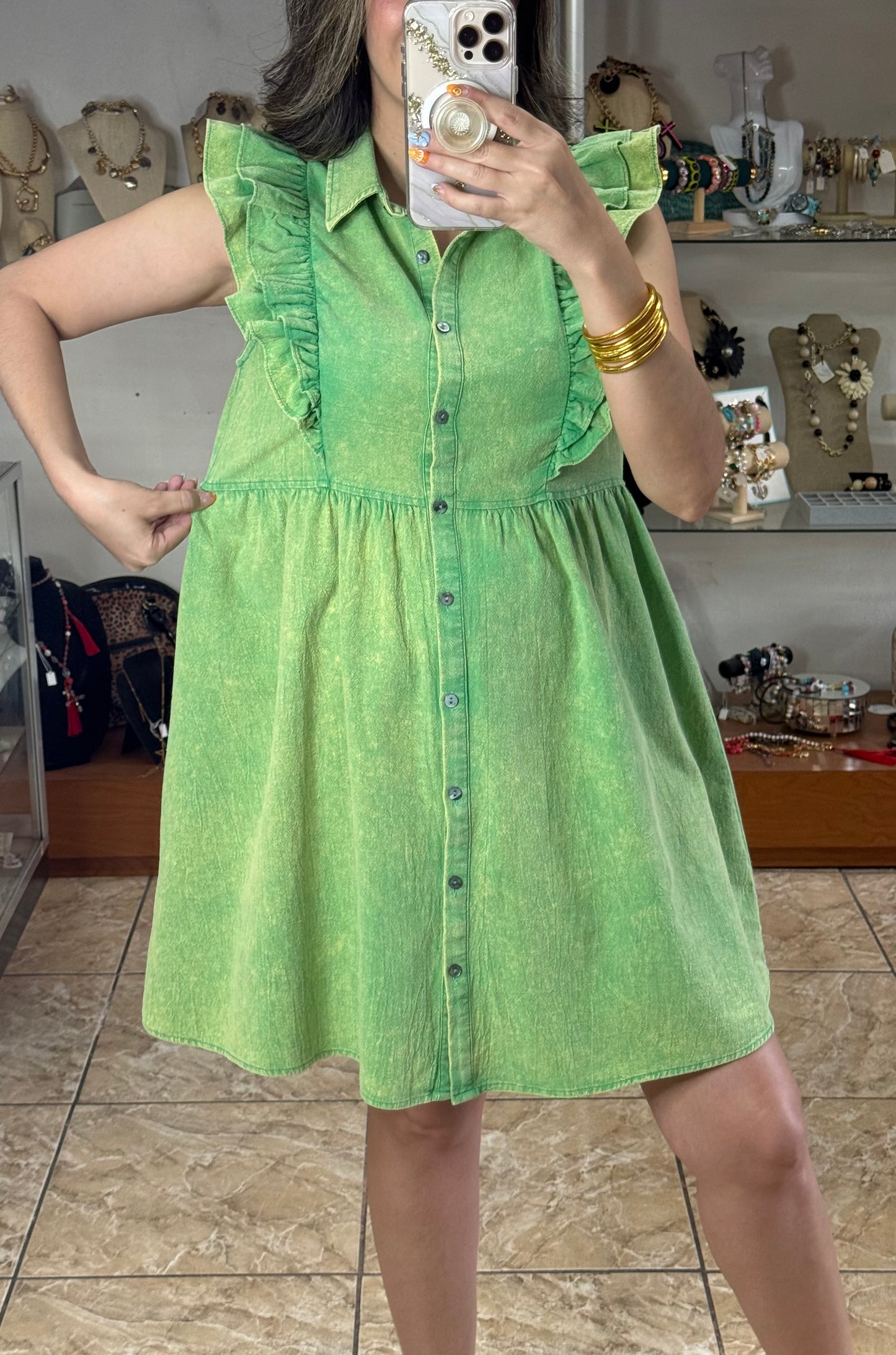 Green Ruffled Button Down Dress
