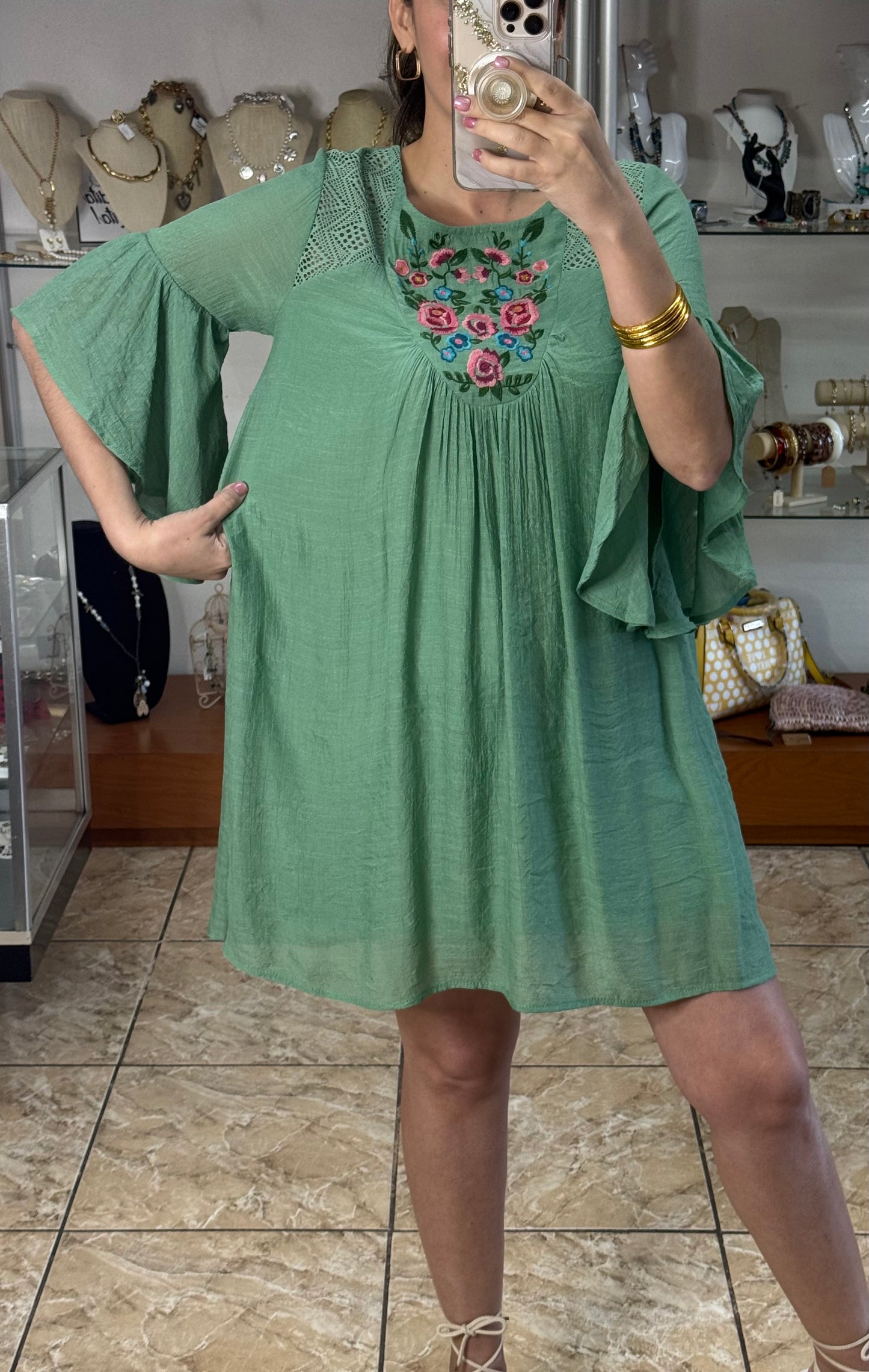 Sage Floral Embroidered Dress (FINAL SALE)