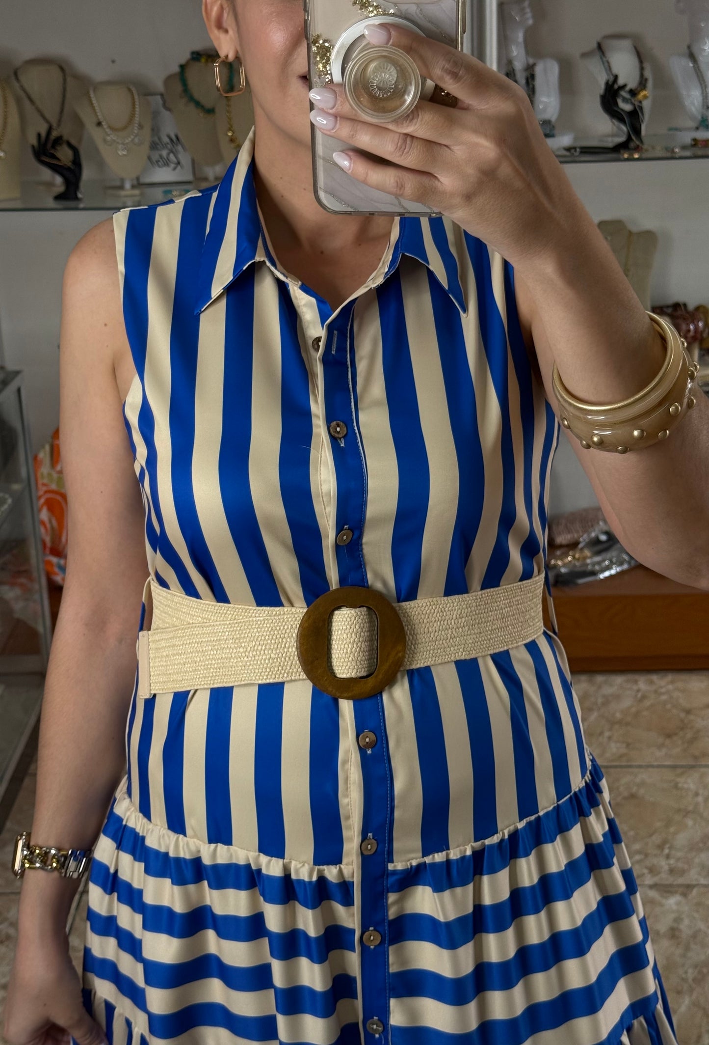 Blue Stripes Belted Maxi Dress