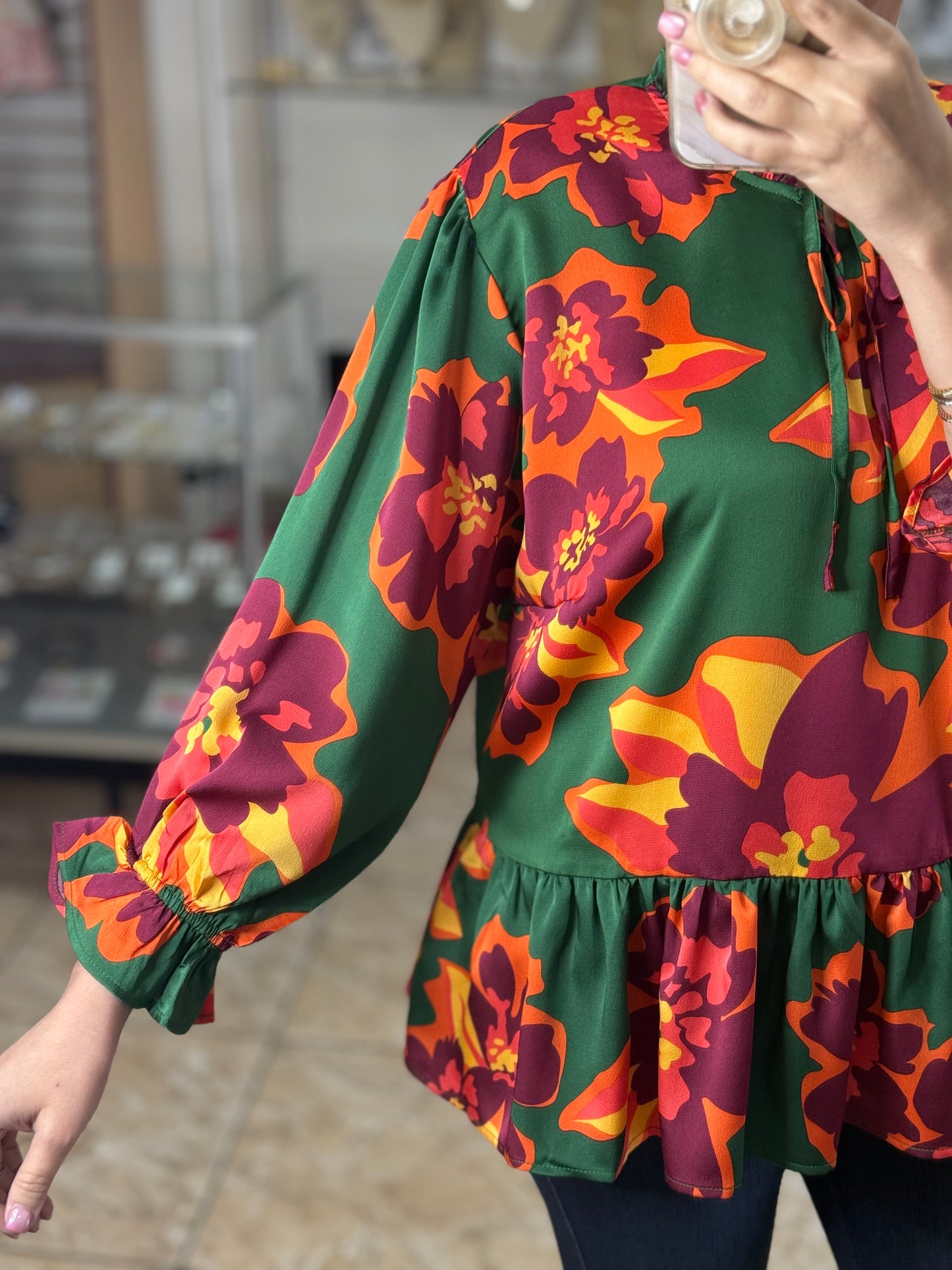Green Floral Satin Top