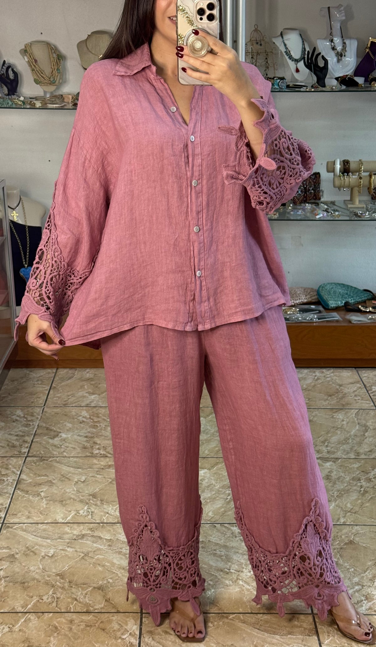 Aura Scalloped Lace/Linen Set (NO RETURNS OR EXCHANGE)