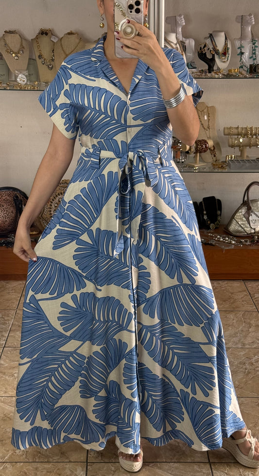 Blue Leaves Belted Maxi Dress