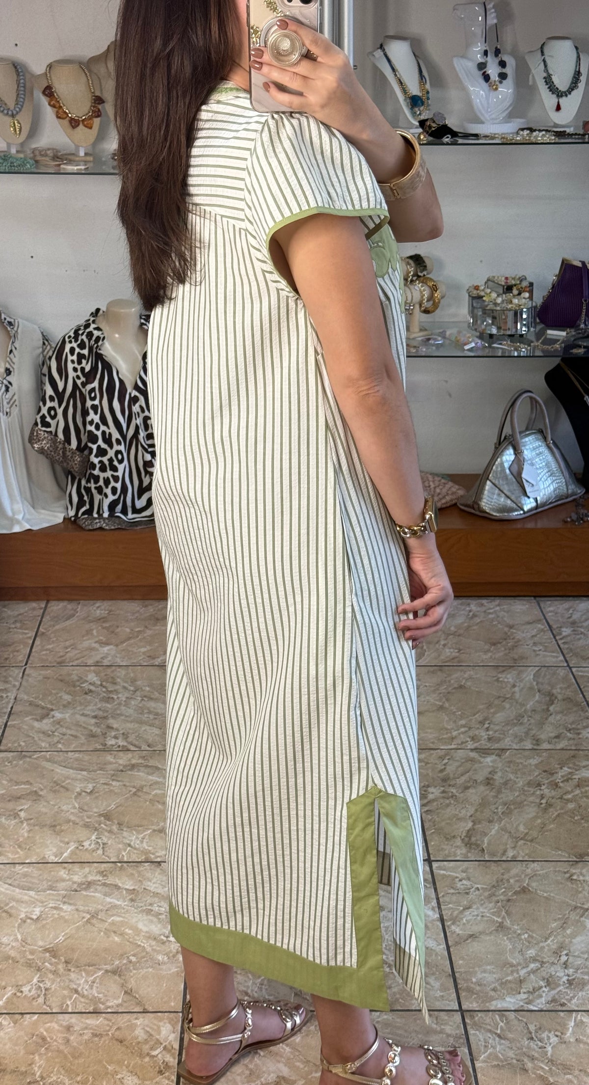 Sage Stripes Embroidered Midi Dress