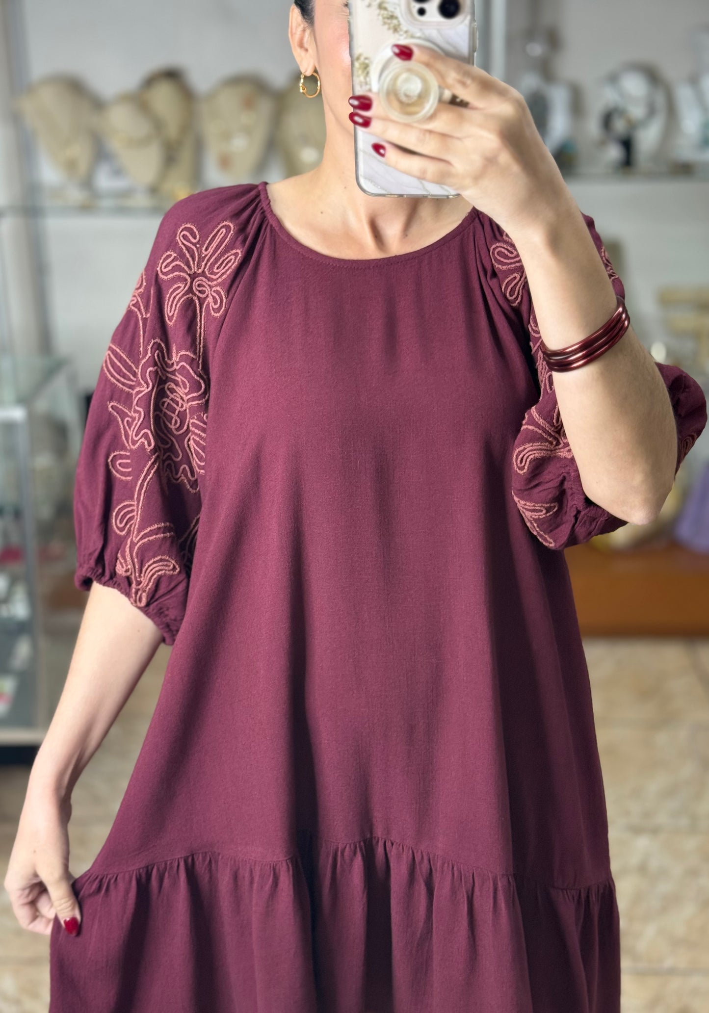 Merlot Embroidered Mini Dress
