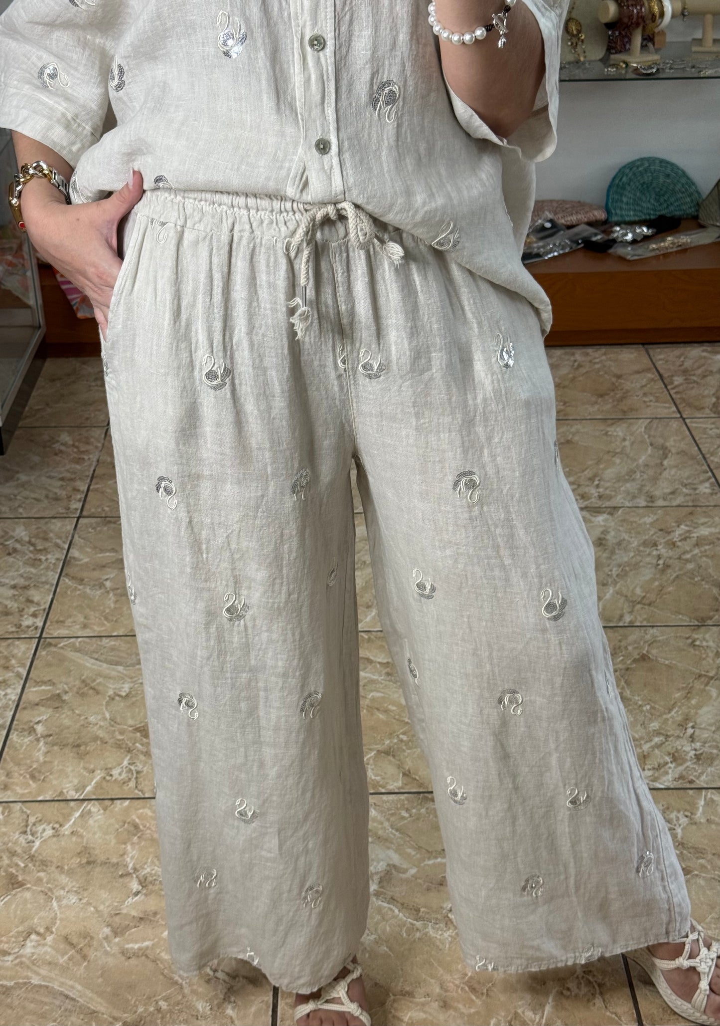 Swans Sequins OS Linen Pant Set (NO RETURNS OR EXCHANGE)