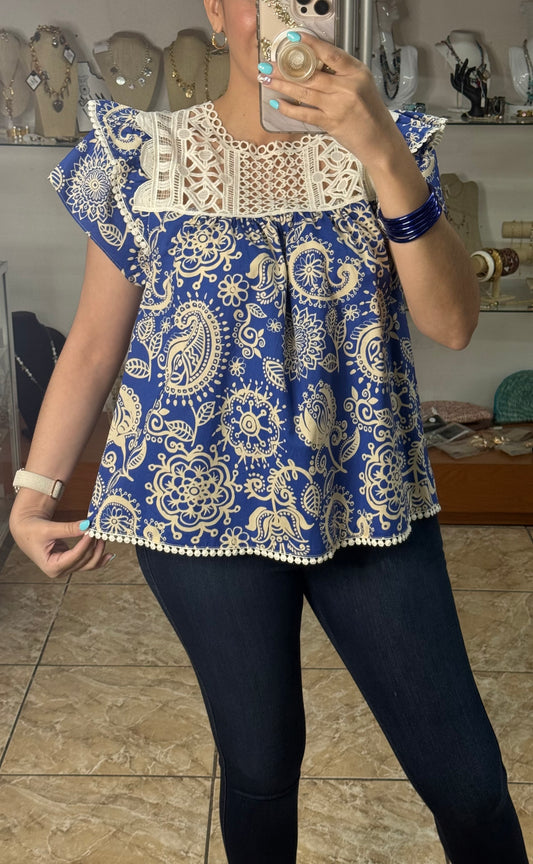Blue/Cream Paisley Top