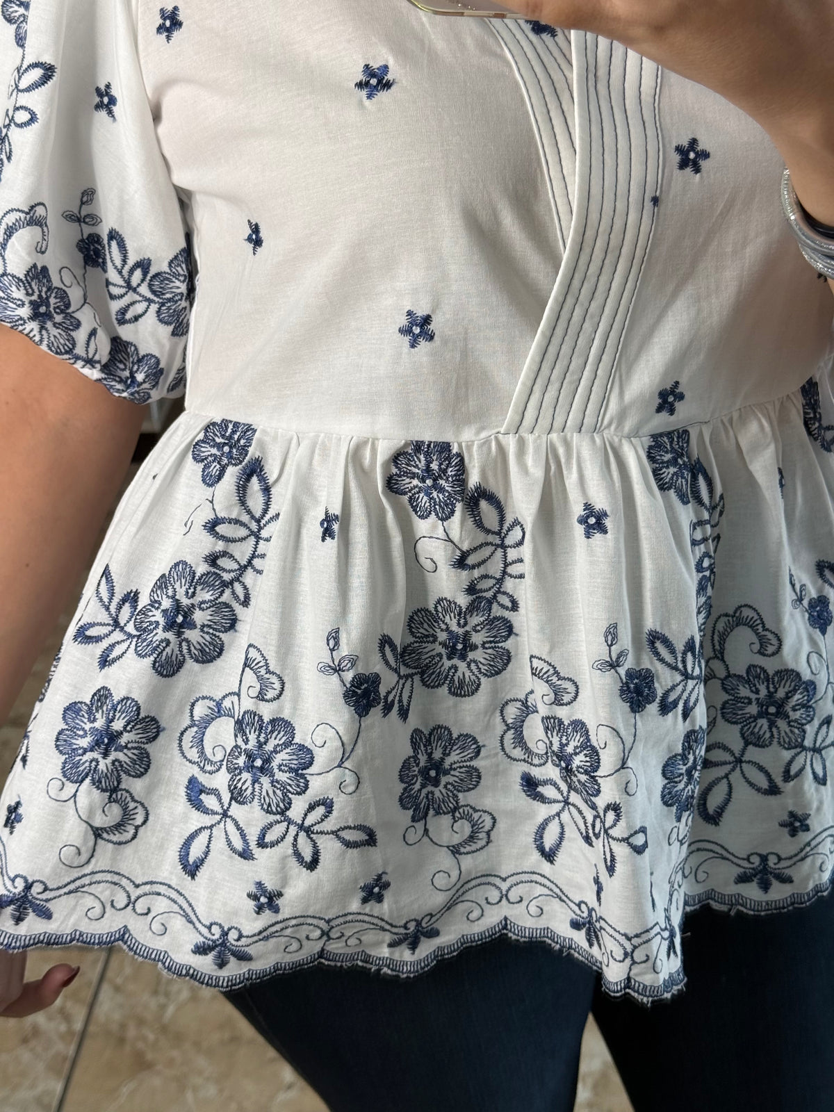 Puff Sleeve Peplum Embroidered Top