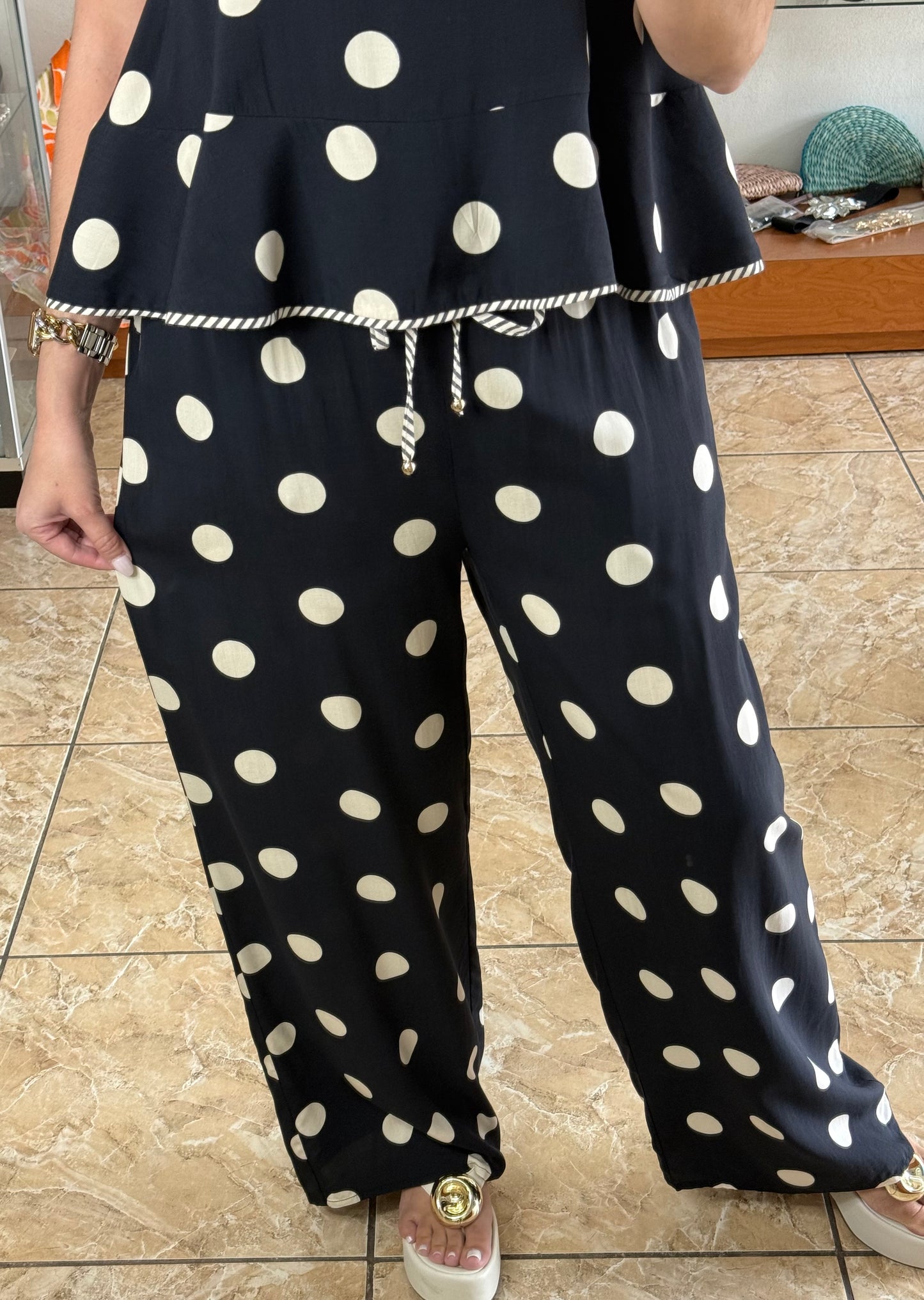 Black/Beige Polkadots Pant Set