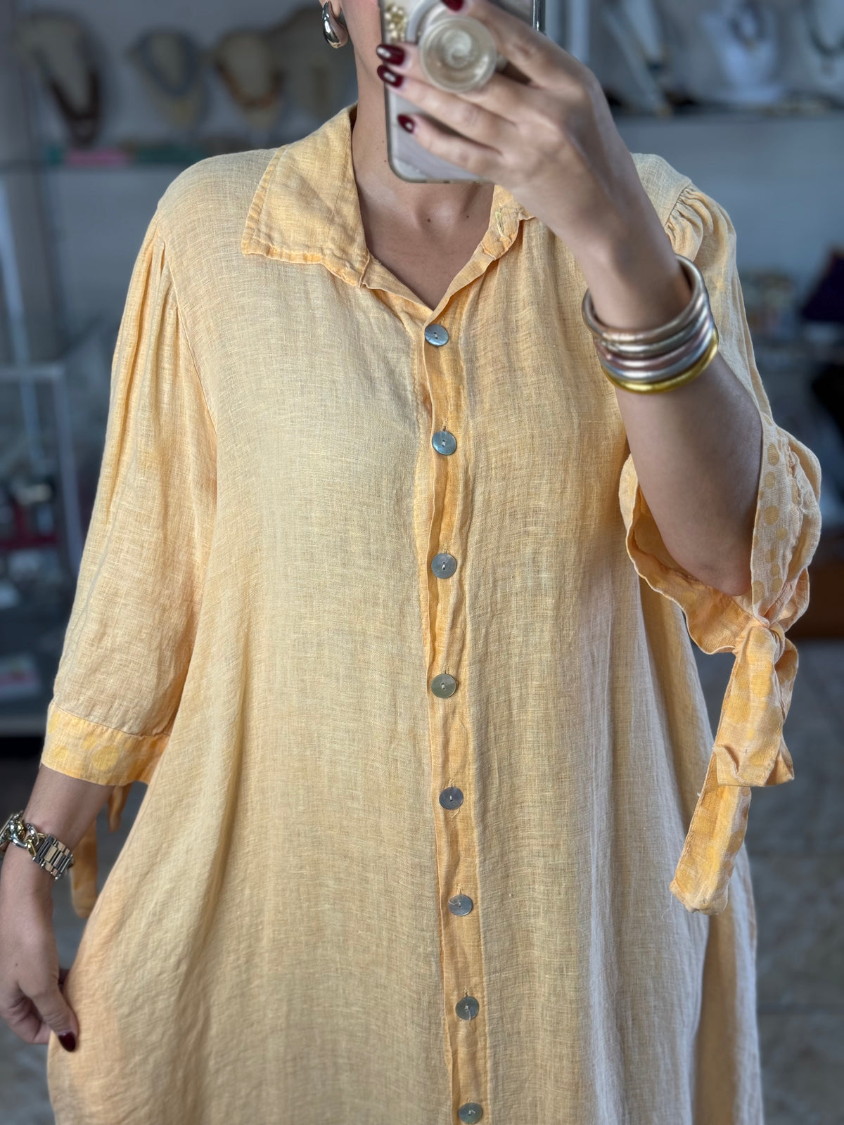 OS Linen/Polka Button Down Maxi Dress (NO RETURNS OR EXCHANGE)