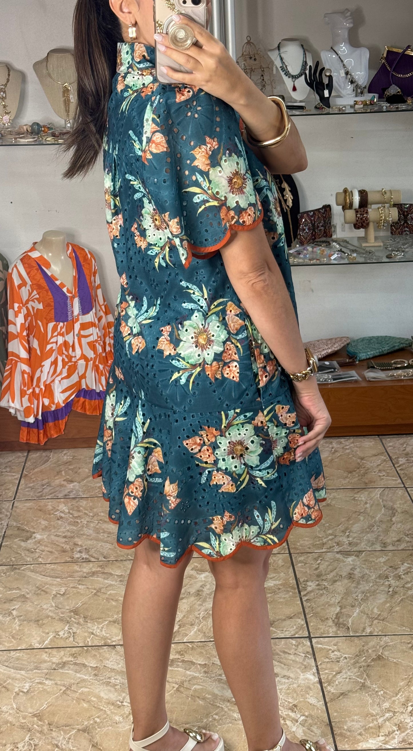 Teal Floral Eyelet Dress