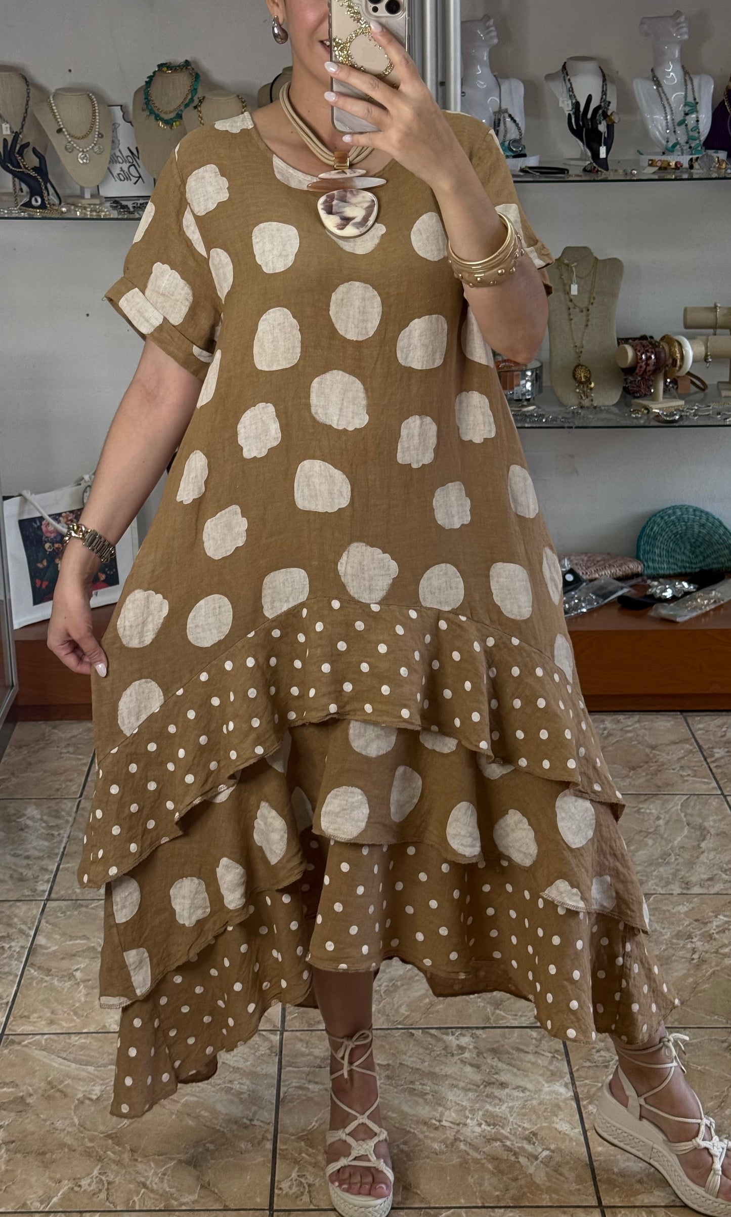 Polka OS Ruffle Tiered Linen Midi Dress (NO RETURNS OR EXCHANGE)
