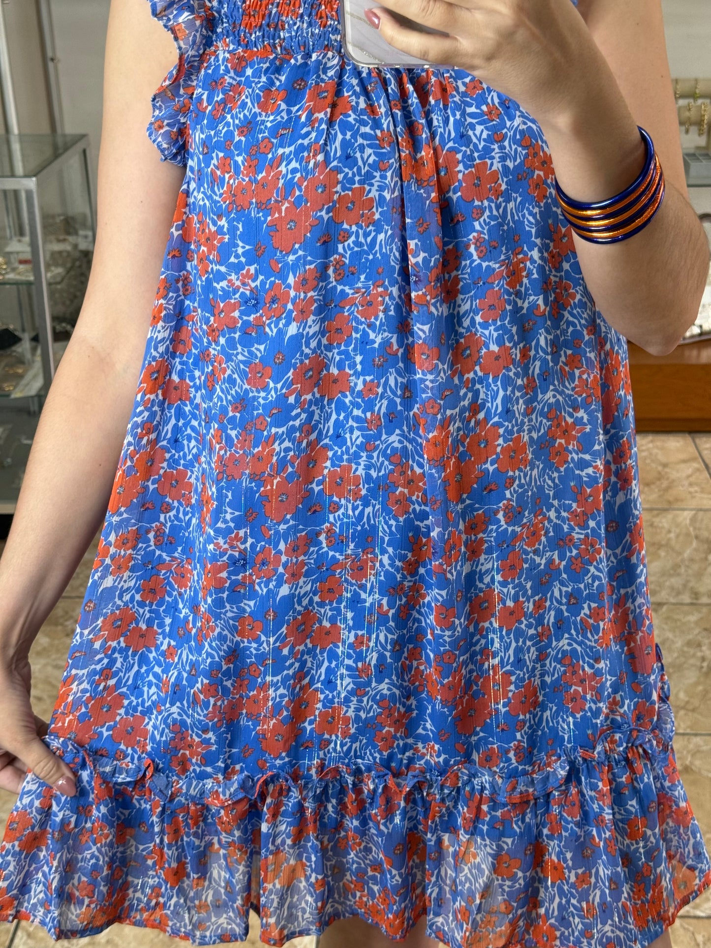 Blue/Orange Floral Sleeveless Dress