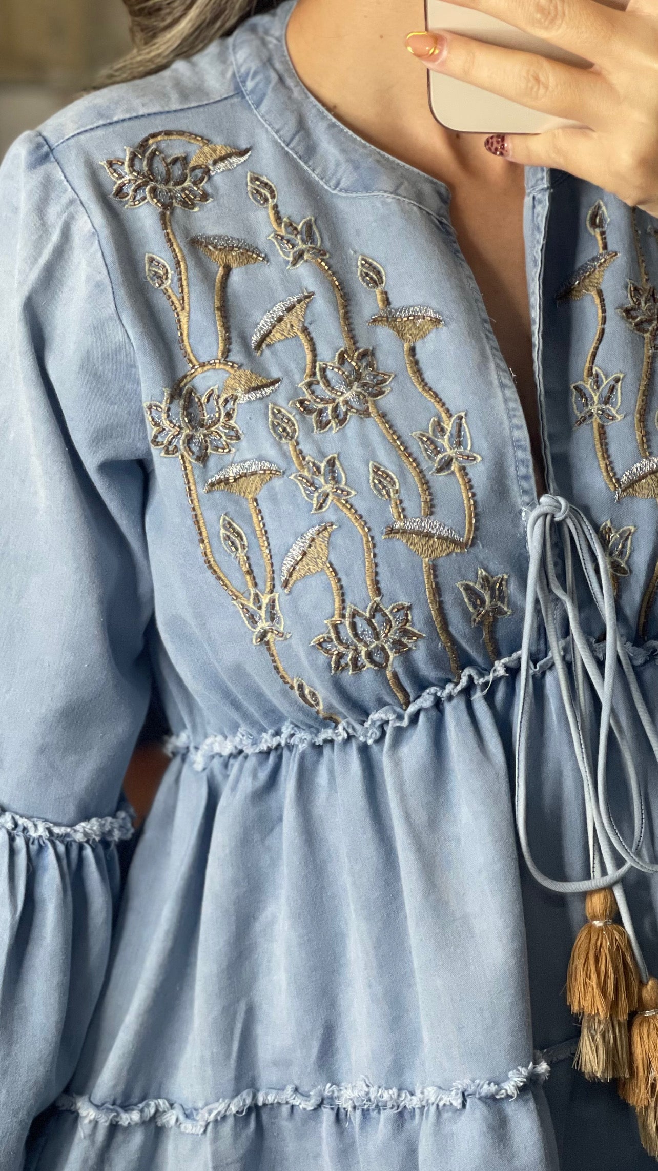 Low/High Embroidered Denim Mini Dress