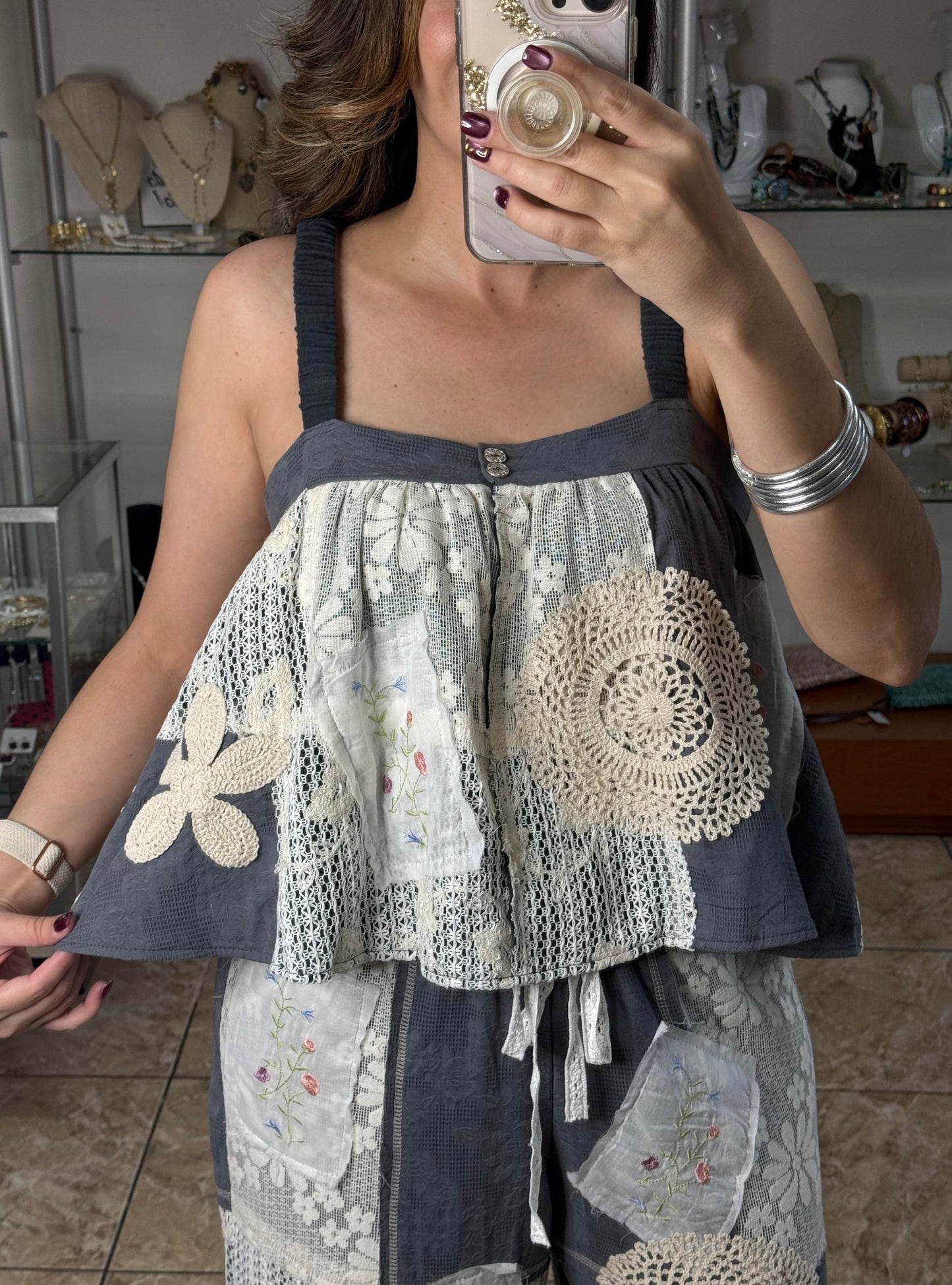 Charcoal Grey Crochet Details Pant Set (FINAL SALE)