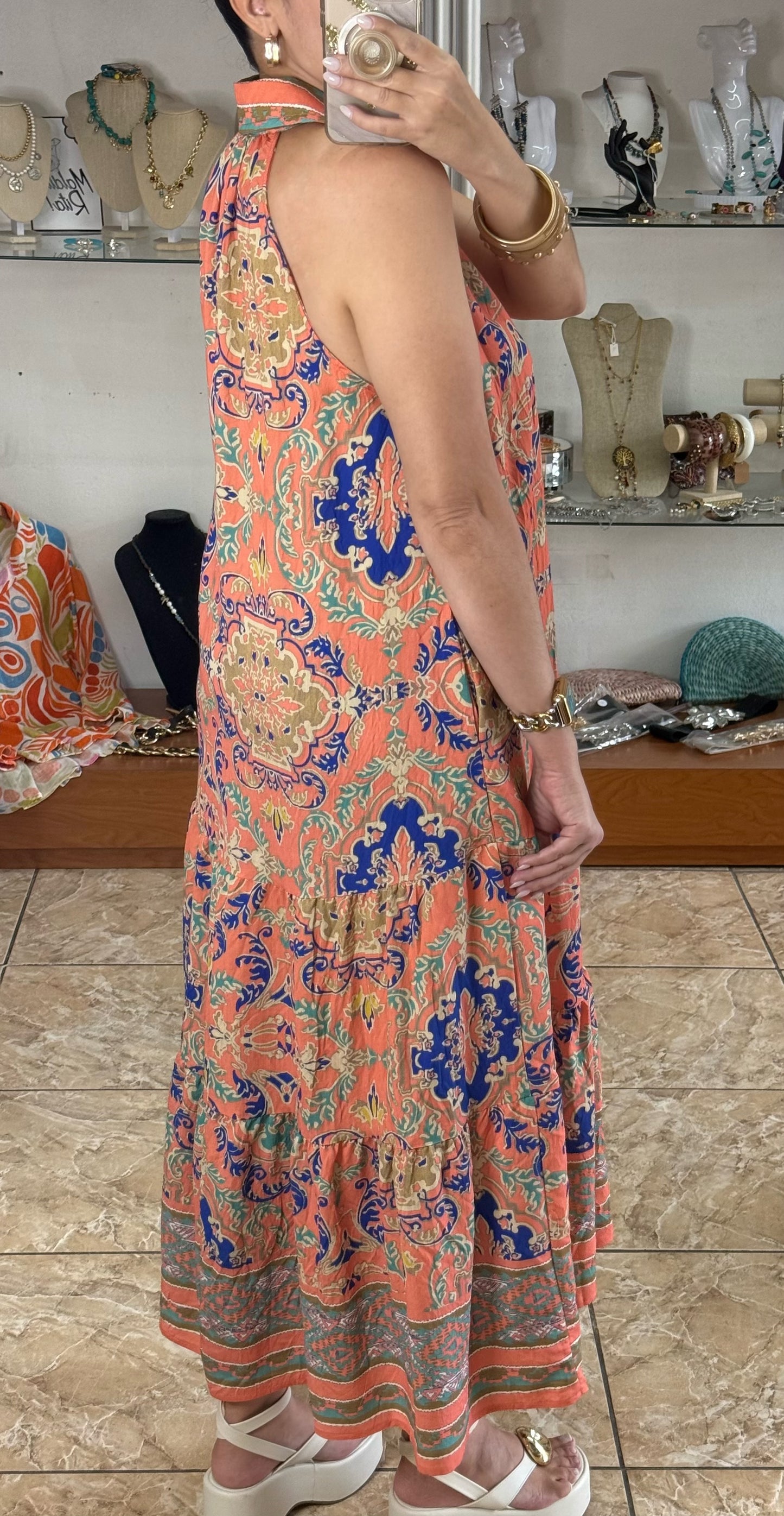 Coral Mix Halter Maxi Dress