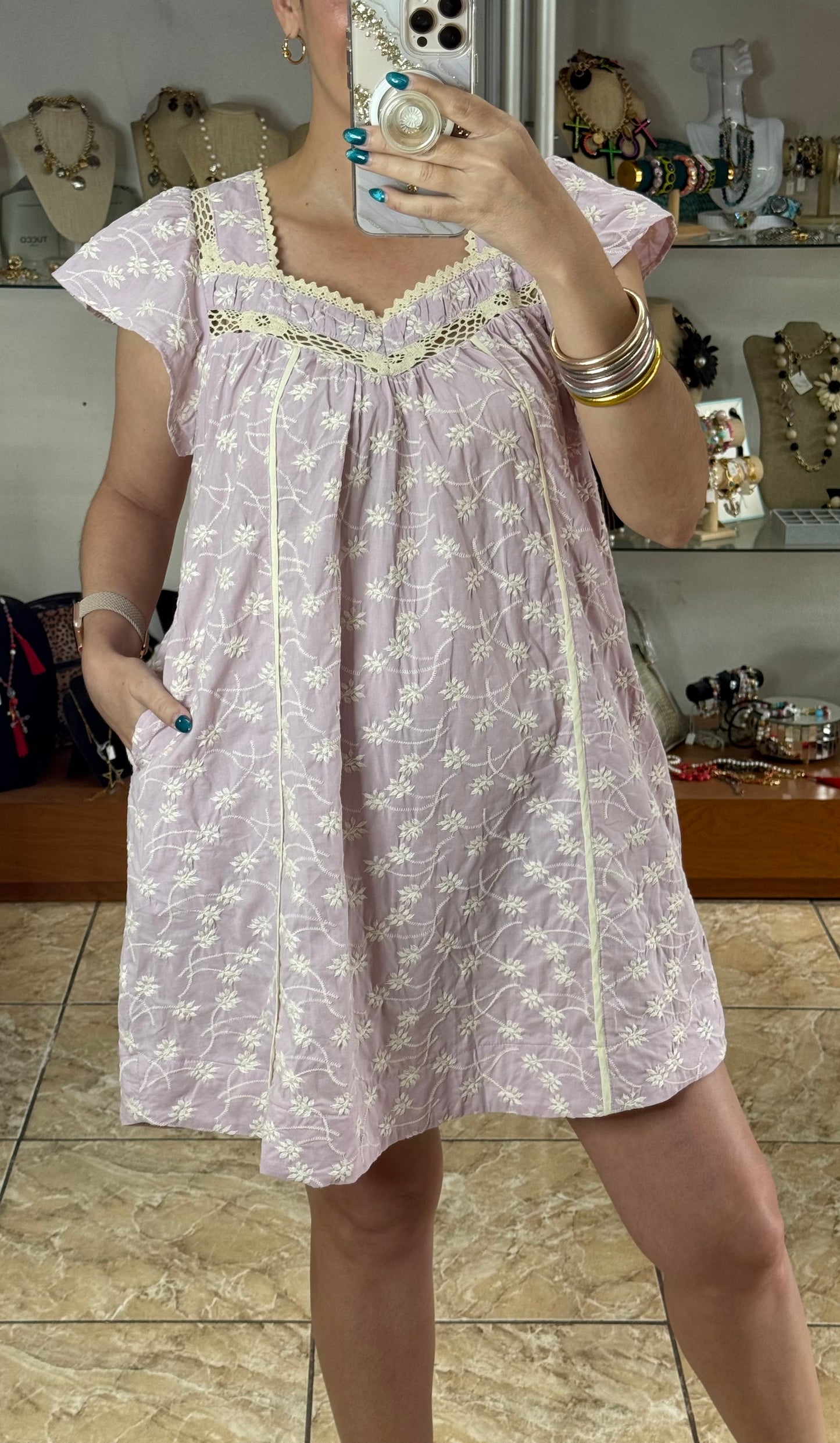 Lilac Floral Embroidered Mini Dress