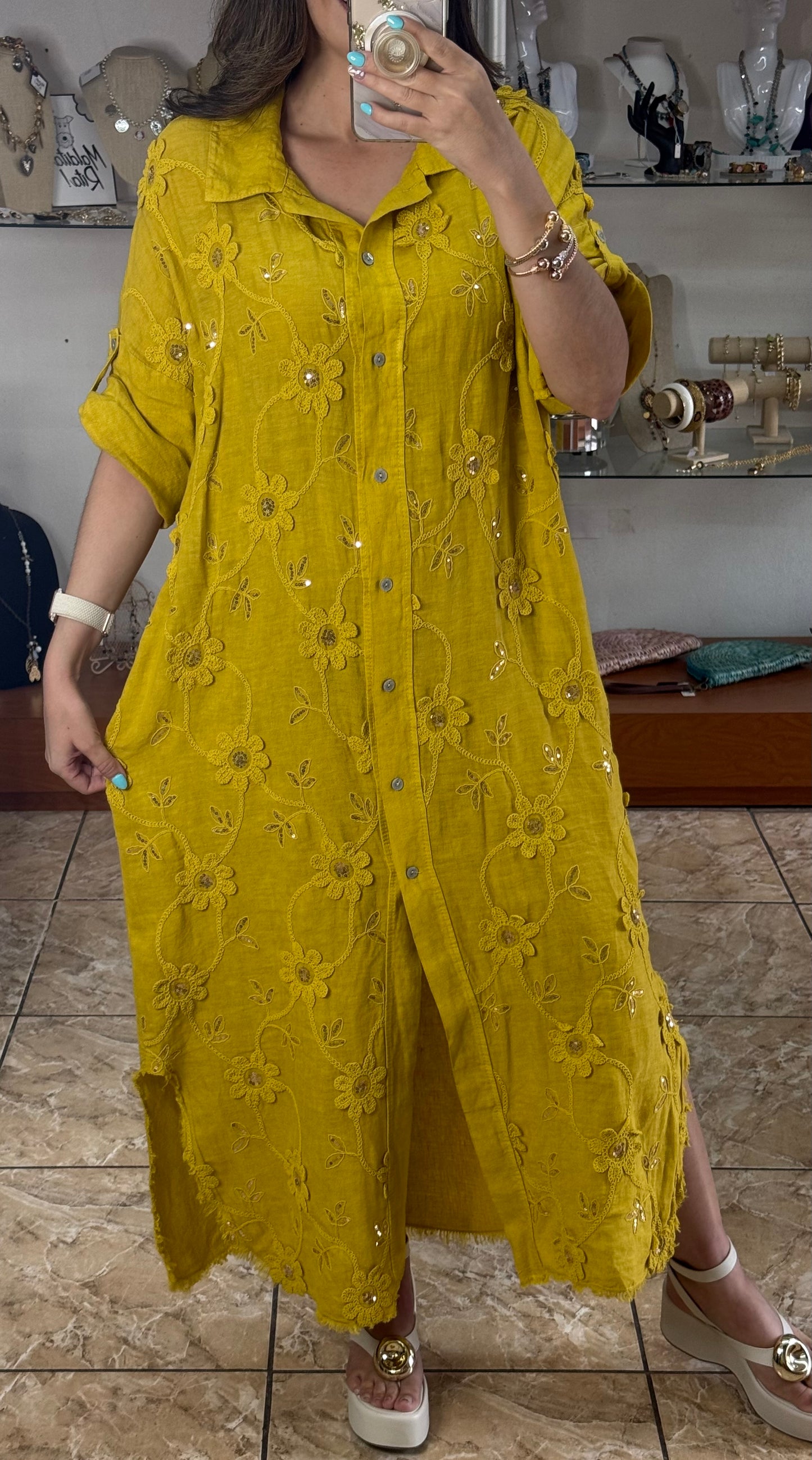 OS Embroidered/Sequins Linen Maxi Dress (NO RETURNS OR EXCHANGE)