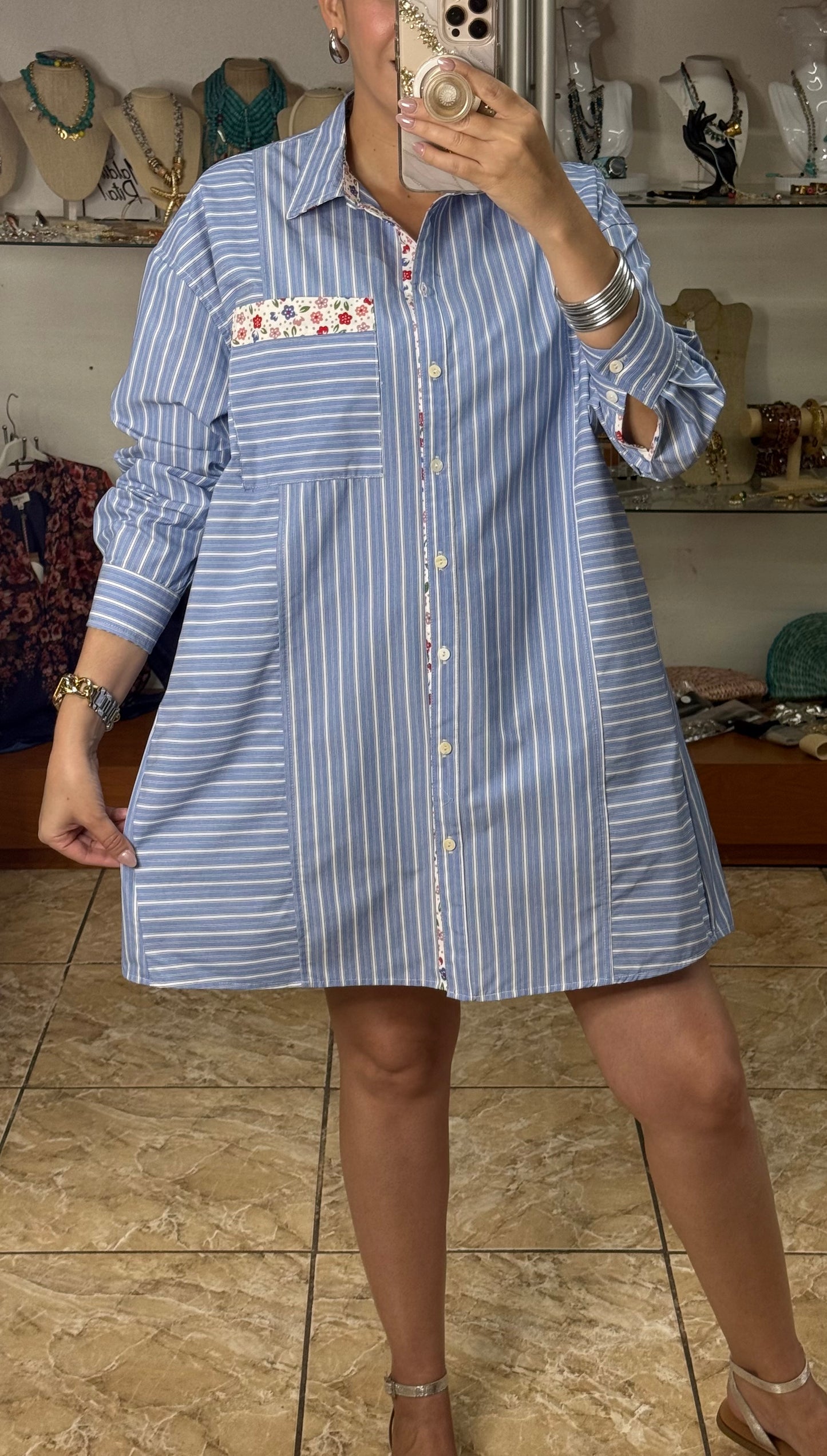 Stripes and Flowers Button Down Shirt Dress