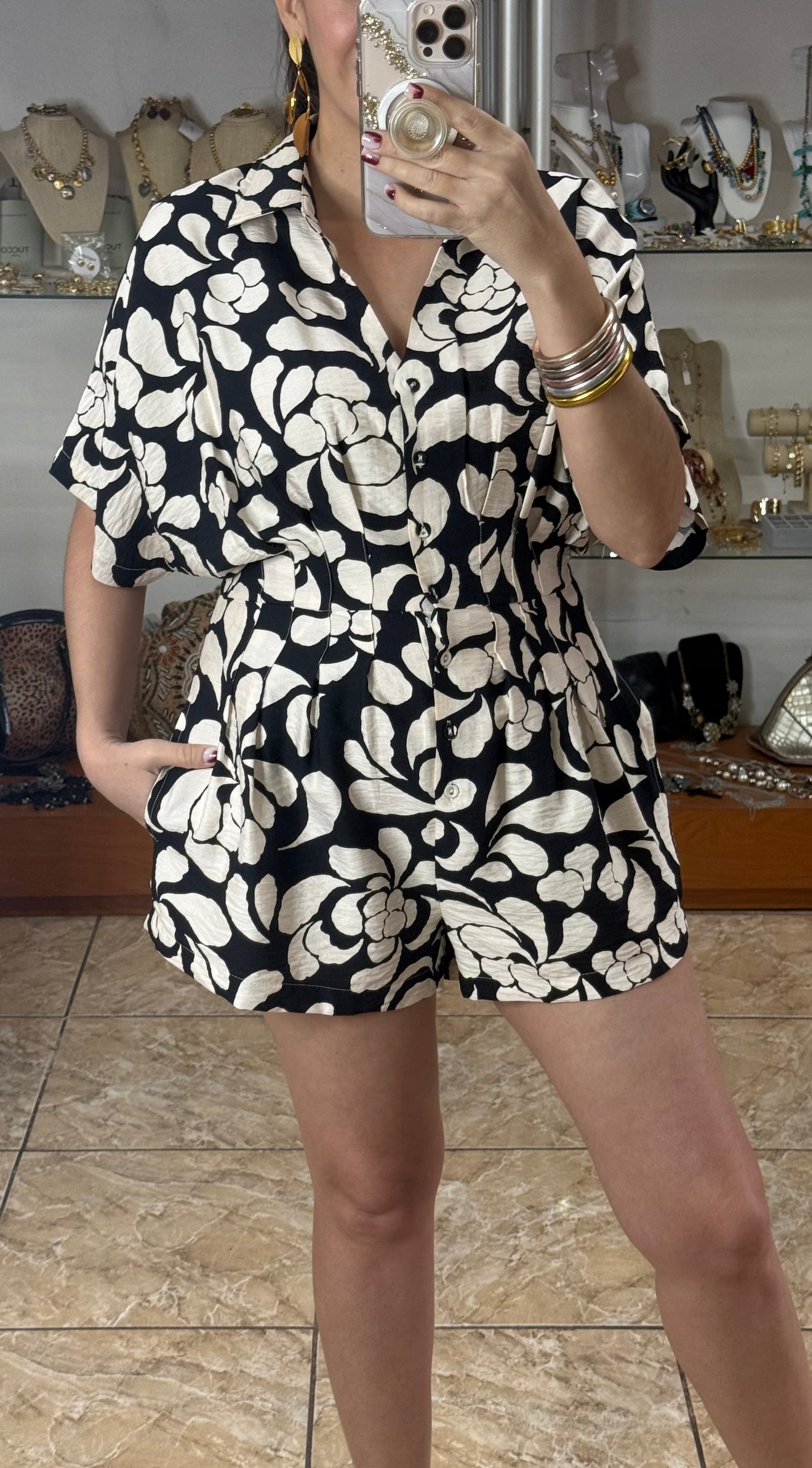Black/Cream Floral Romper