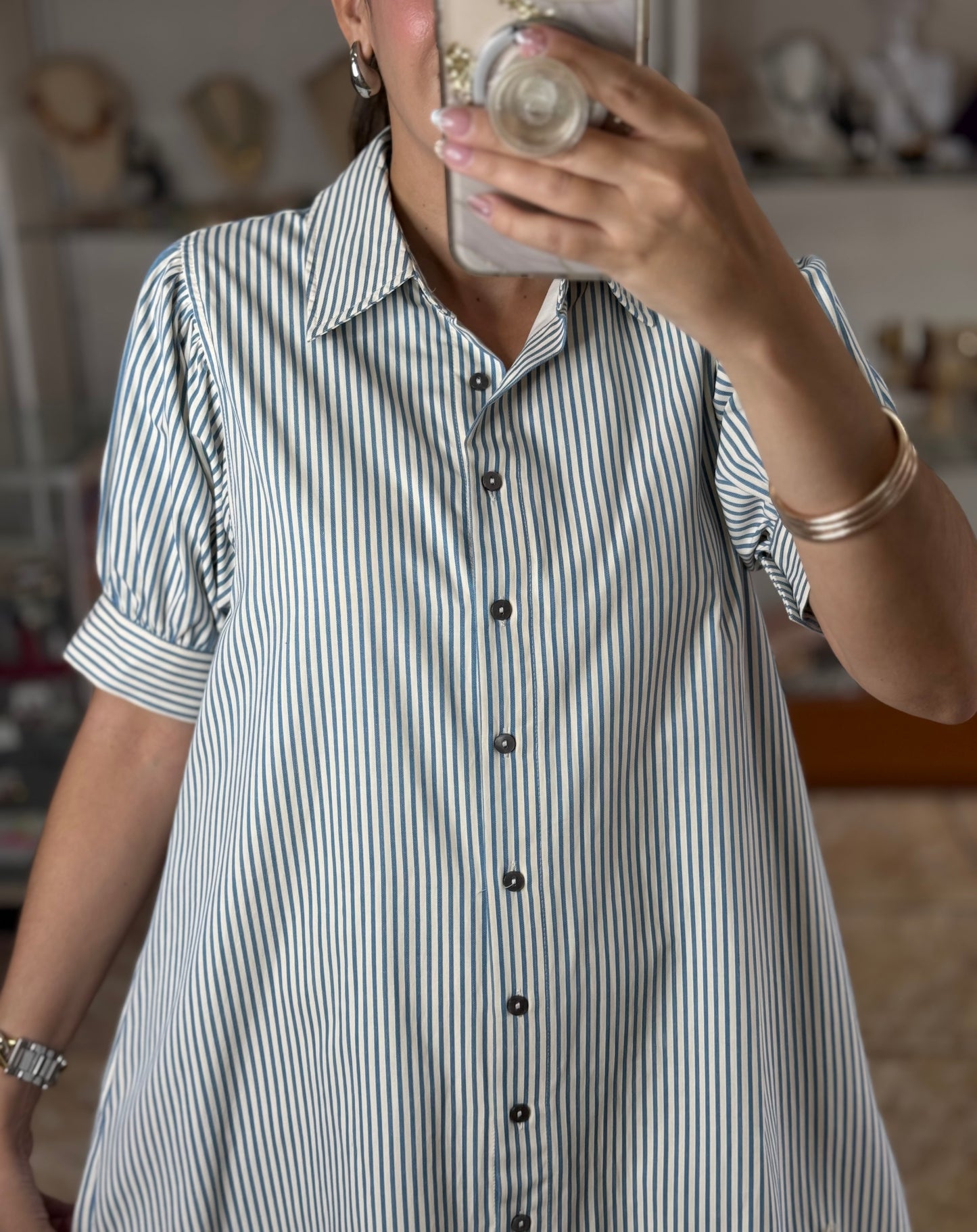 Chambray Stripes/Lace Mini Dress