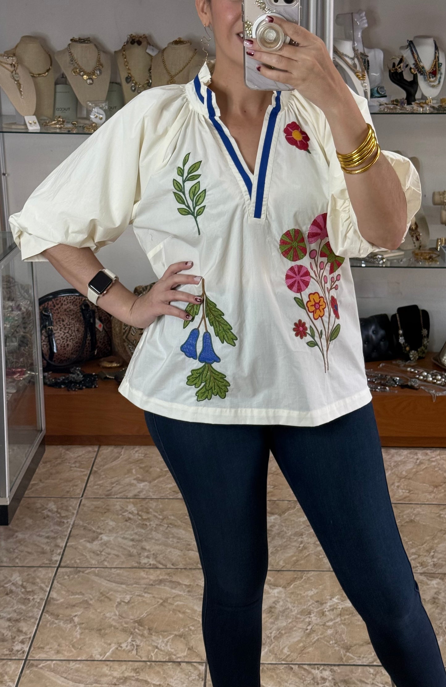 Cream Floral Embroidered Top