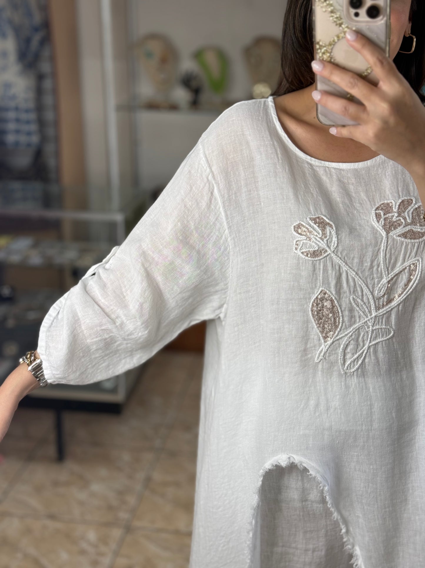 OS Asymmetrical Linen/Sequins Top (NO RETURNS OR EXCHANGE) (PANT SOLD SEPARATELY)