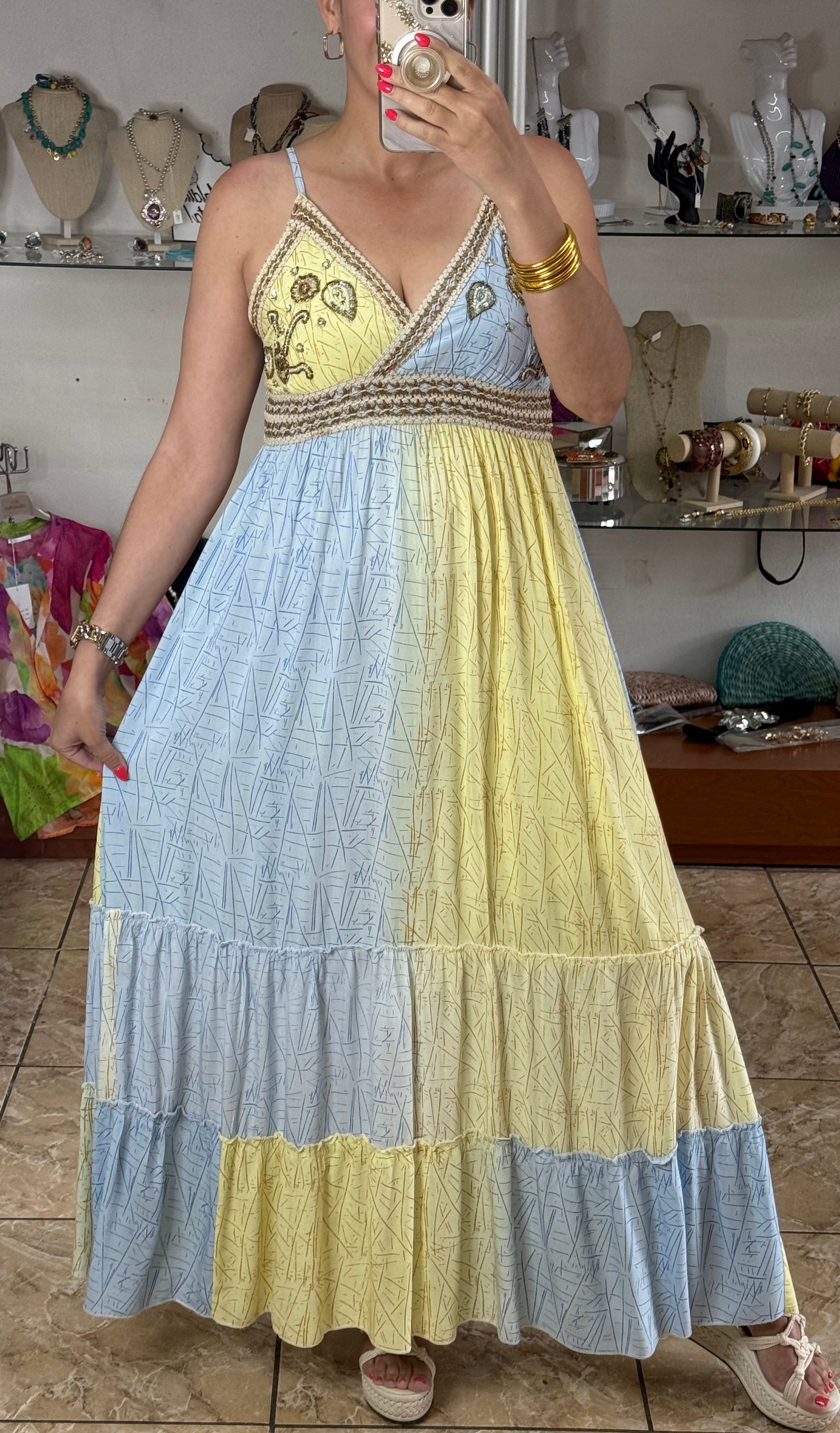 Blue/Yellow OS Maxi Boho Dress (NO RETURNS OR EXCHANGE)