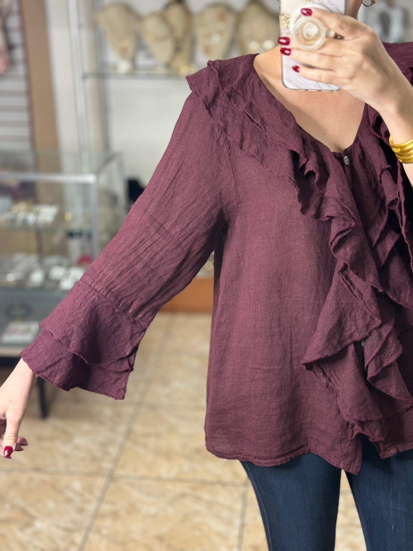 OS Long Sleeve Ruffled Linen Top (FINAL SALE)