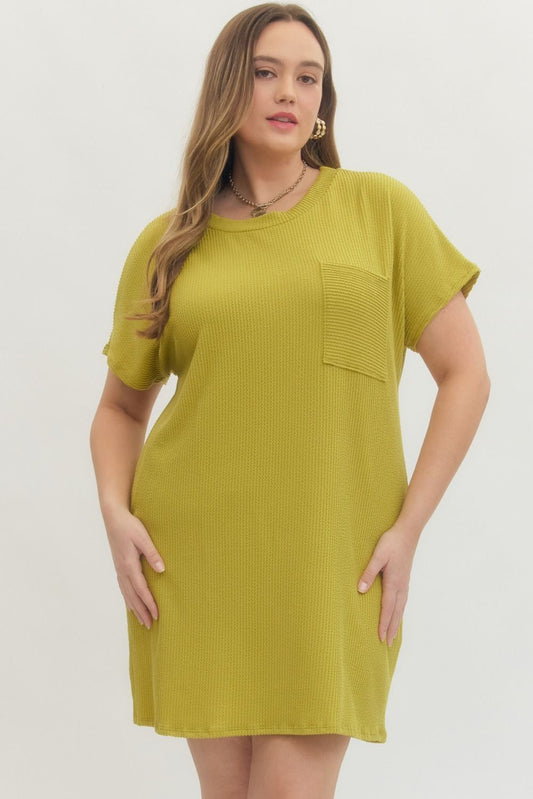 Chartreuse Ribbed Basic Dress (PLUS)