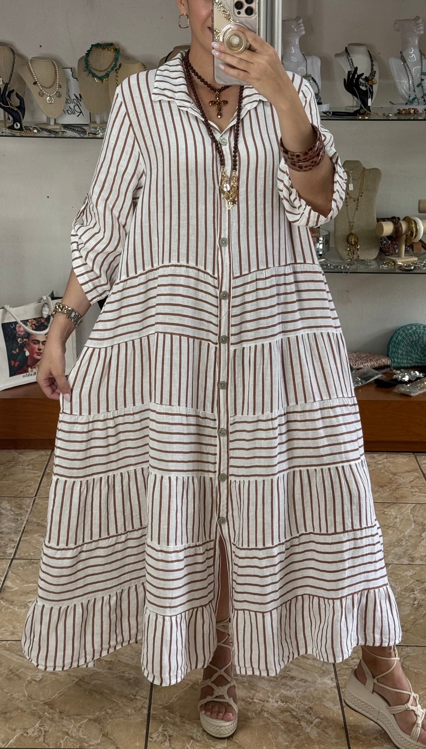 OS Linen Stripes Button Down Maxi Dress (NO RETURNS OR EXCHANGE)