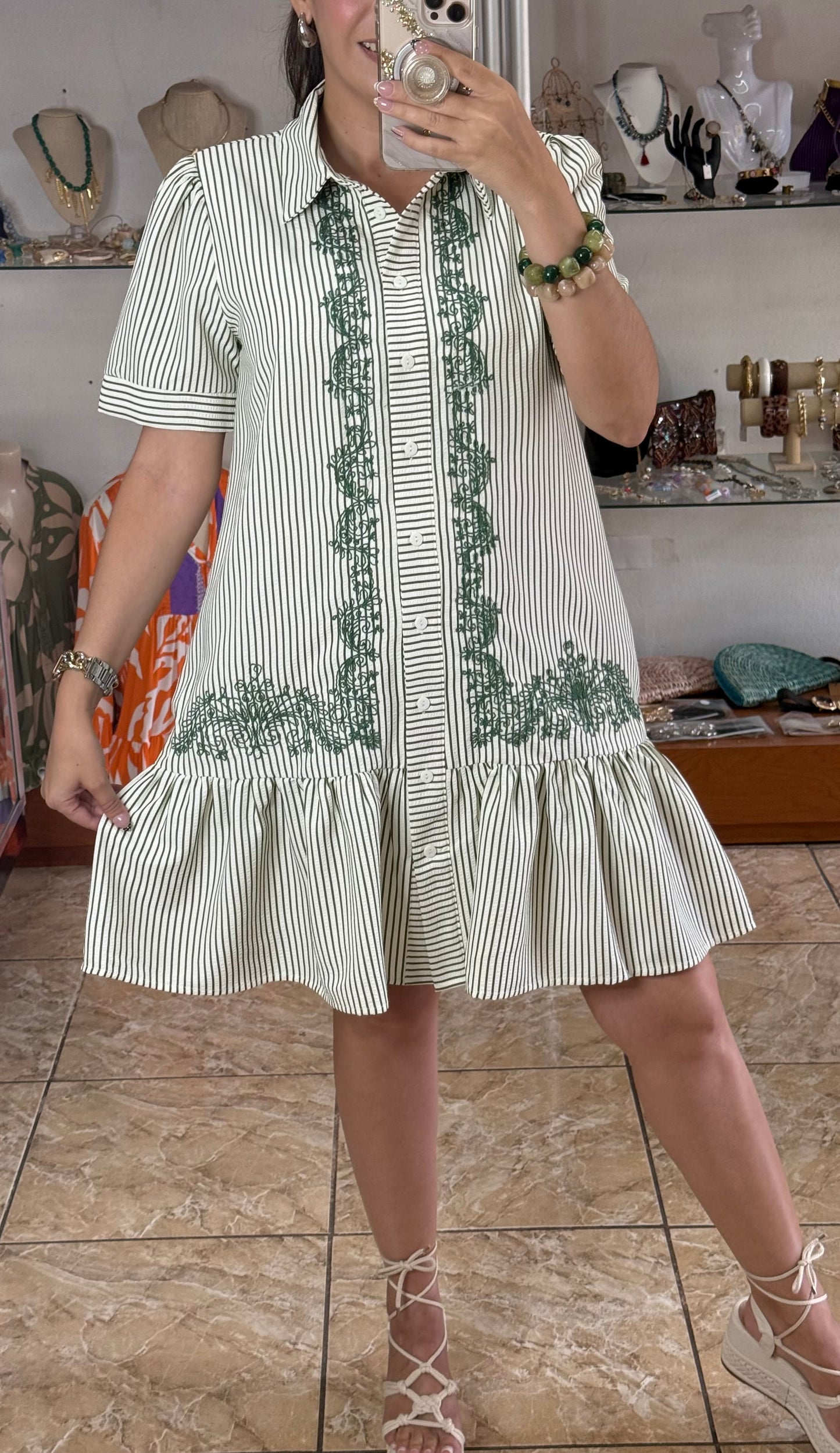 Olive Mix Stripes/Embroidered Dress