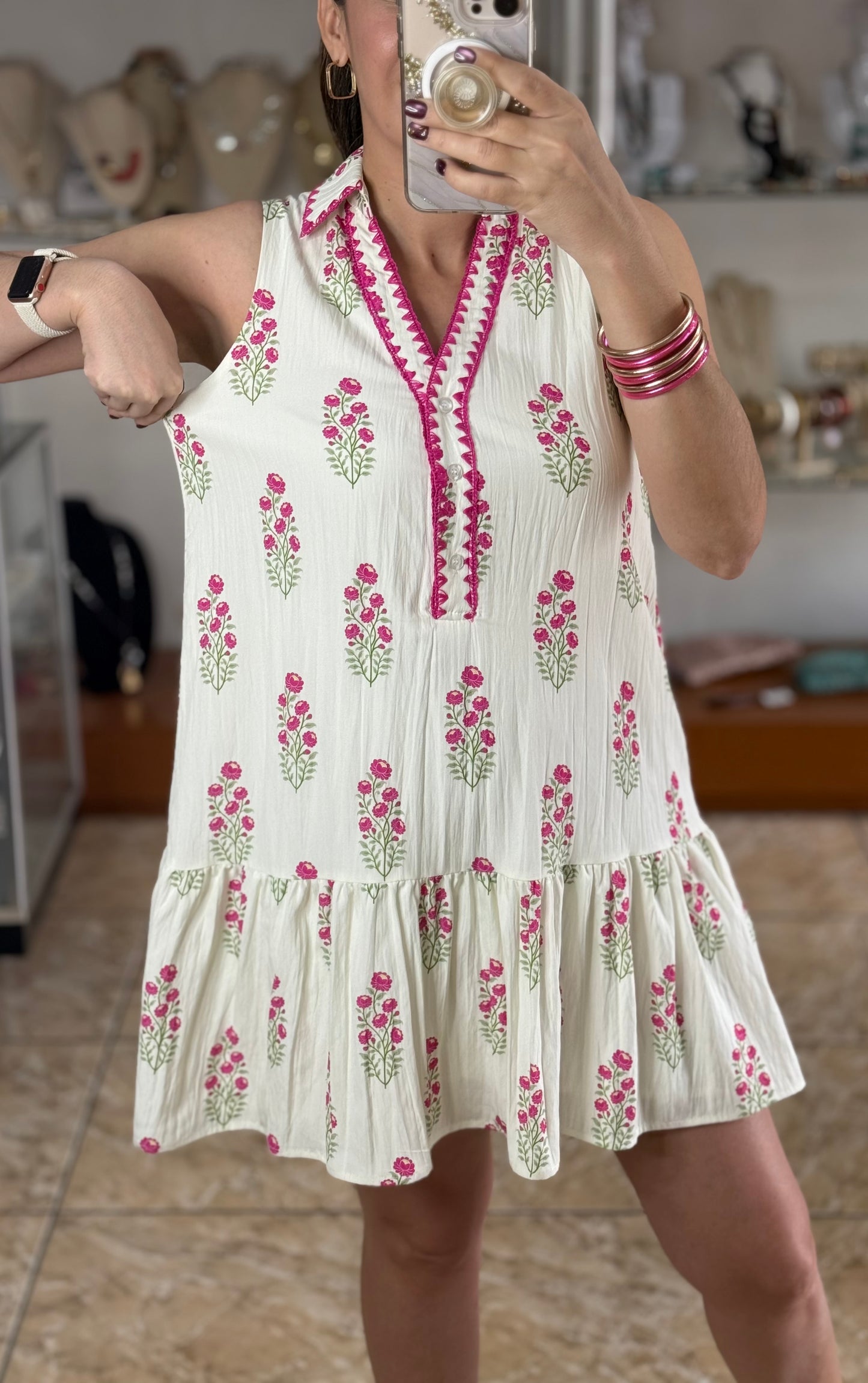 Cream/Pink Floral Mini Dress