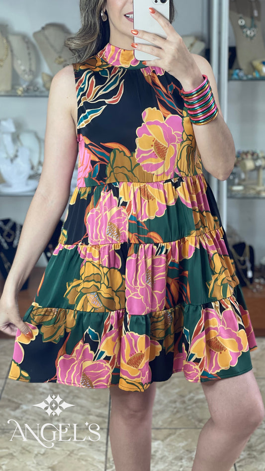 Black Floral Sleeveless Doll Dress