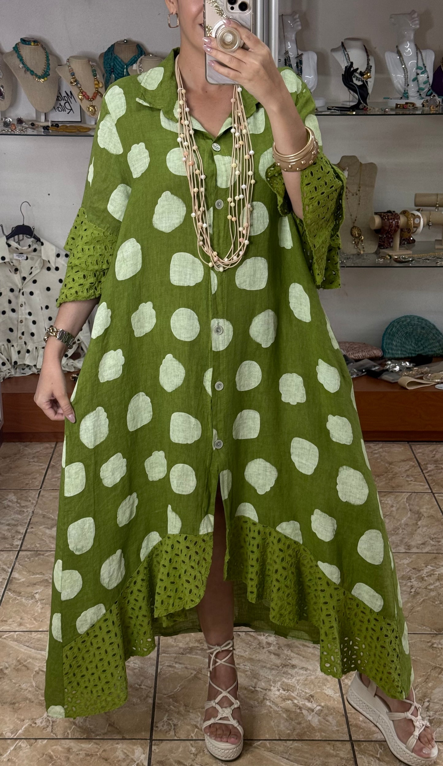 Polkadots/Eyelet OS Linen Maxi Dress (NO RETURNS OR EXCHANGE)