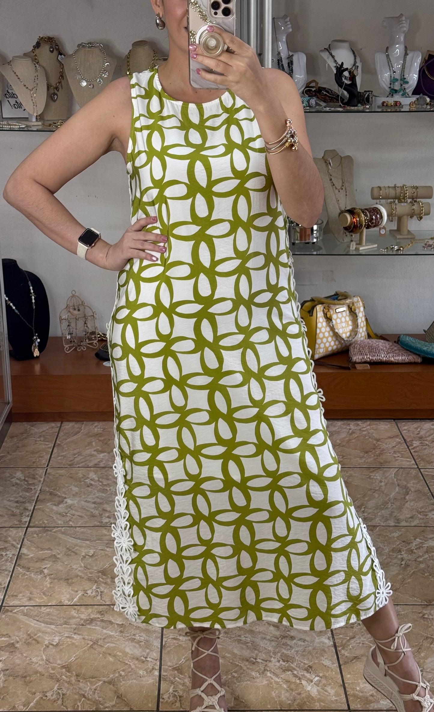 Green Geometric Sleeveless Midi Dress (Reg and Plus)