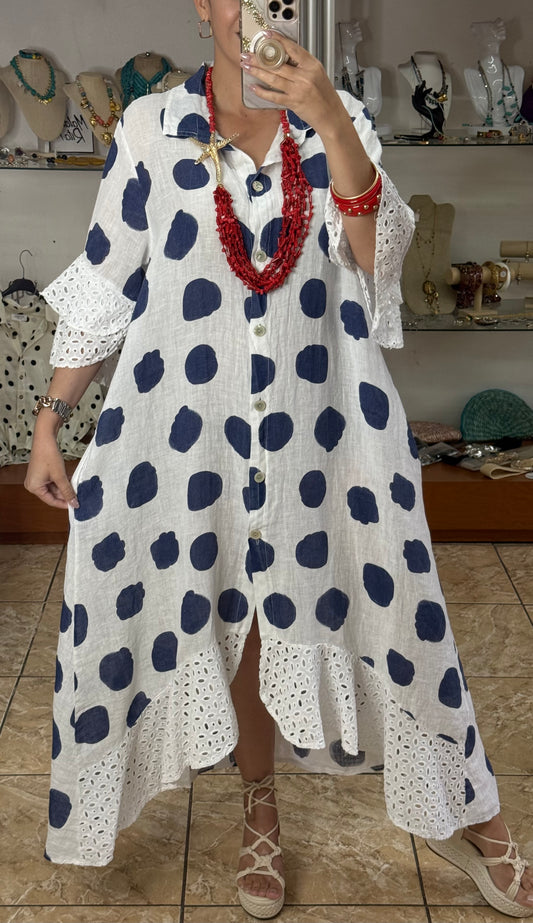 Polkadots/Eyelet OS Linen Maxi Dress (NO RETURNS OR EXCHANGE)