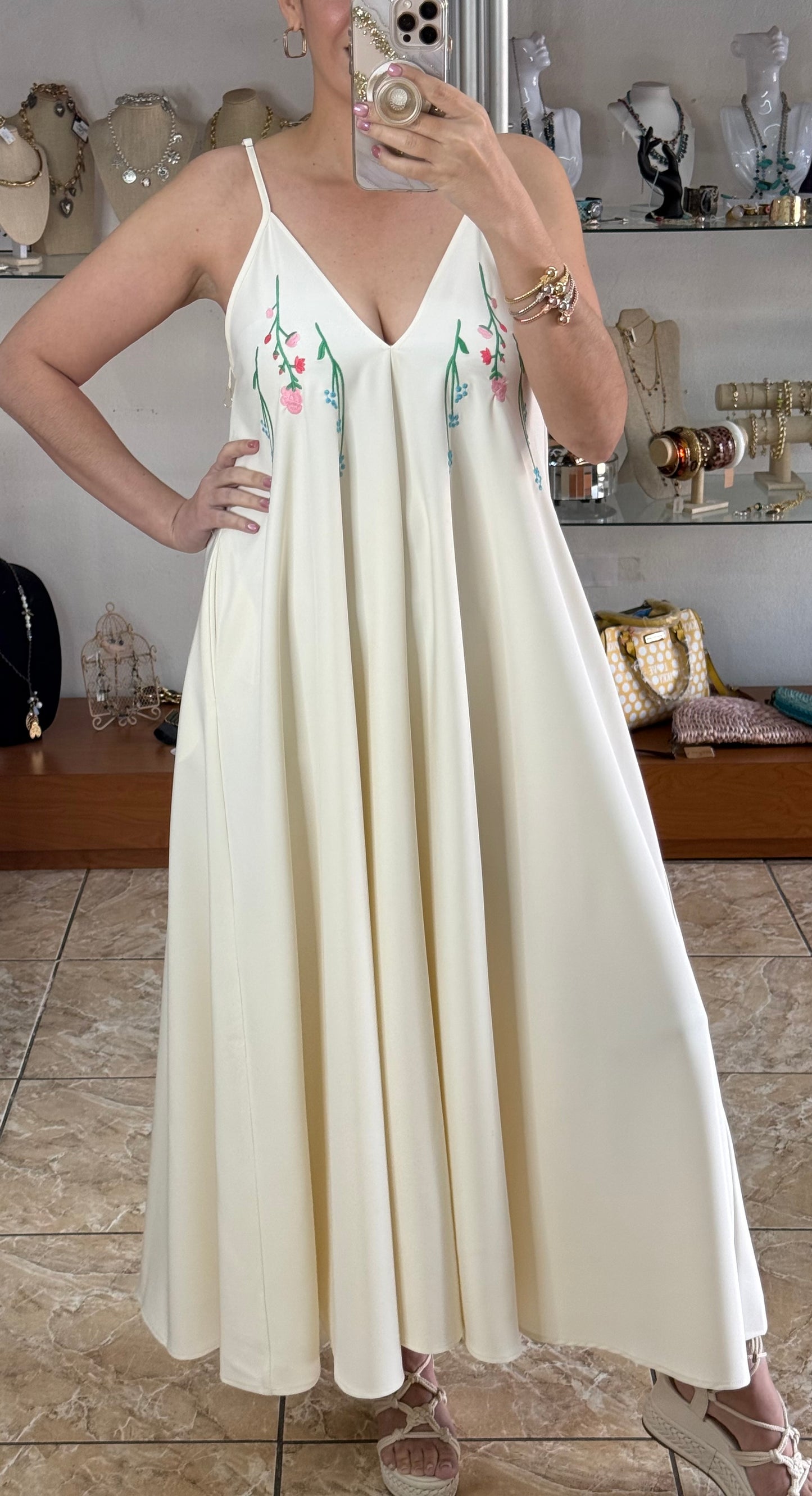 Cream Maxi Floral Embroidered Dress