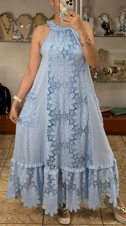 Light Blue Halter Floral Maxi Dress