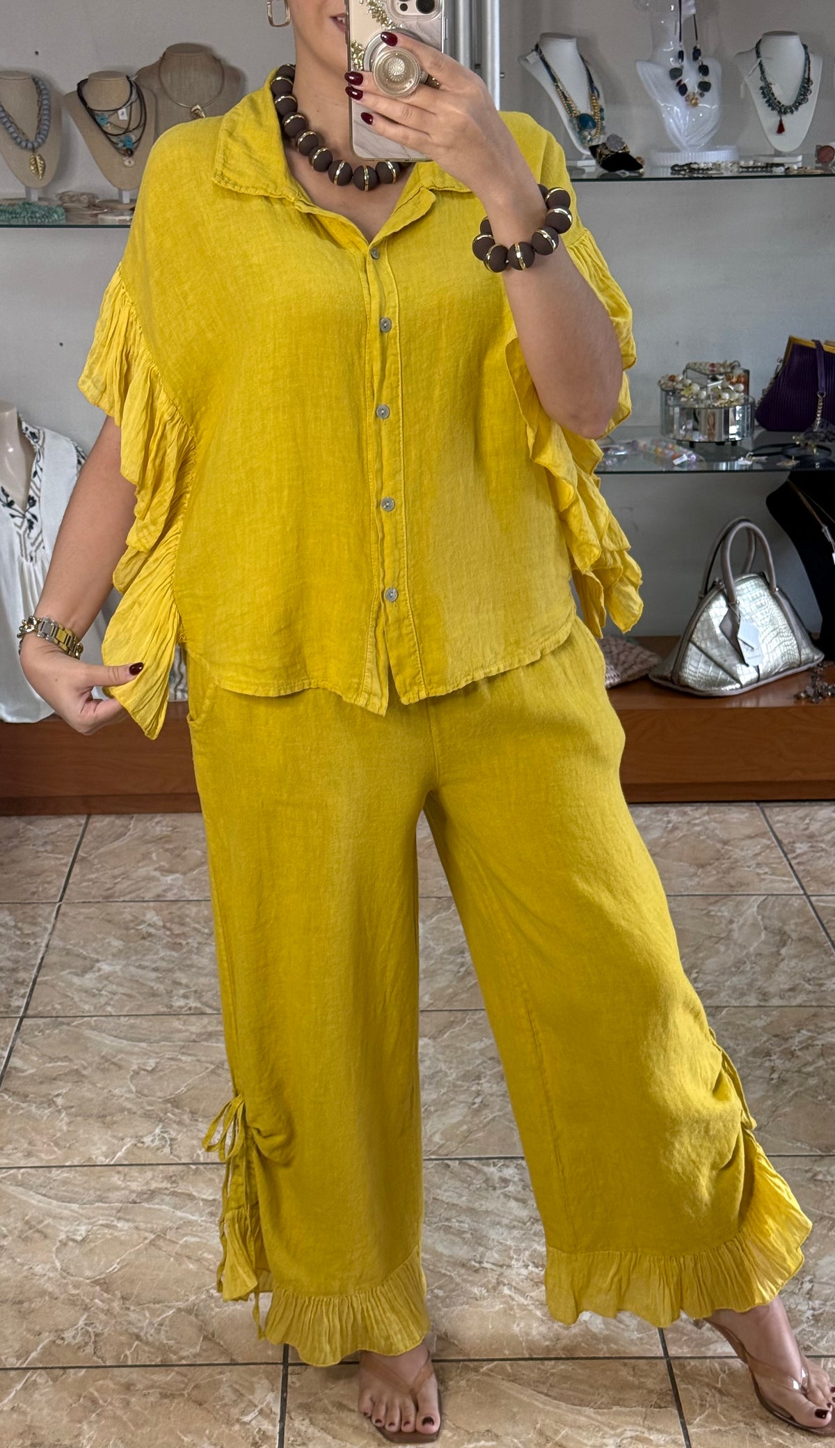 OS Linen Ruffle Top & Pant Set (NO RETURNS OR EXCHANGE)