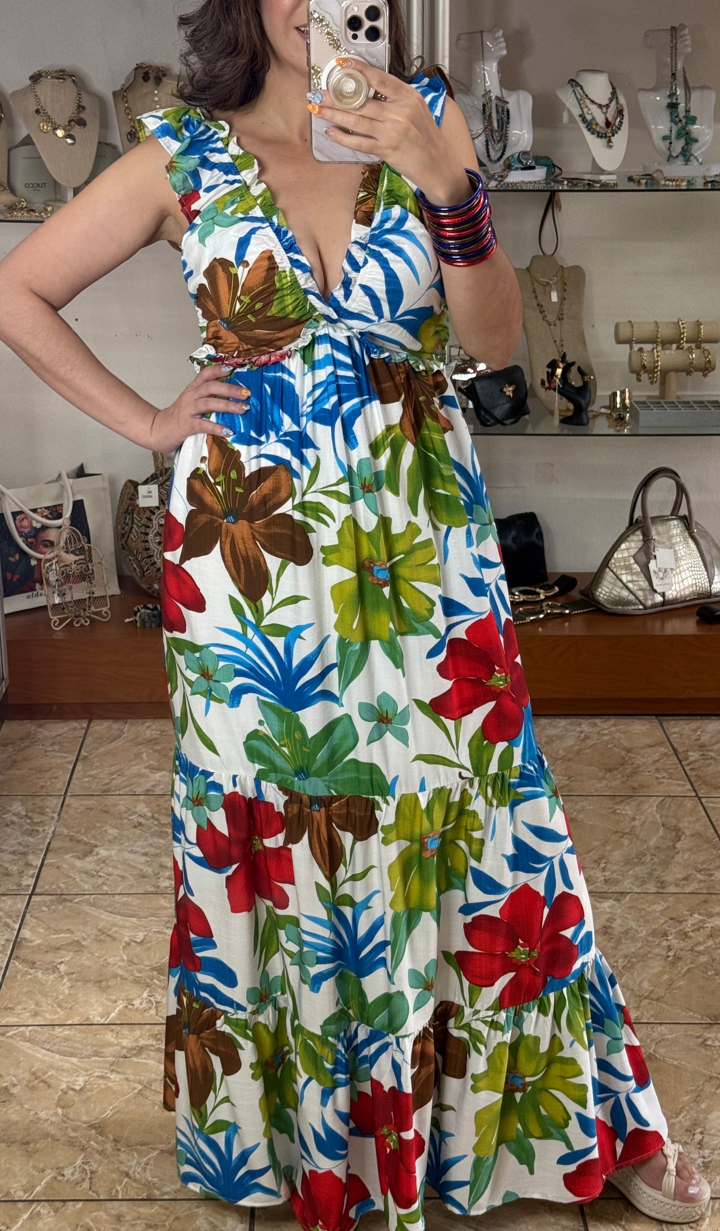 Tropical Floral Open Back Maxi Dress