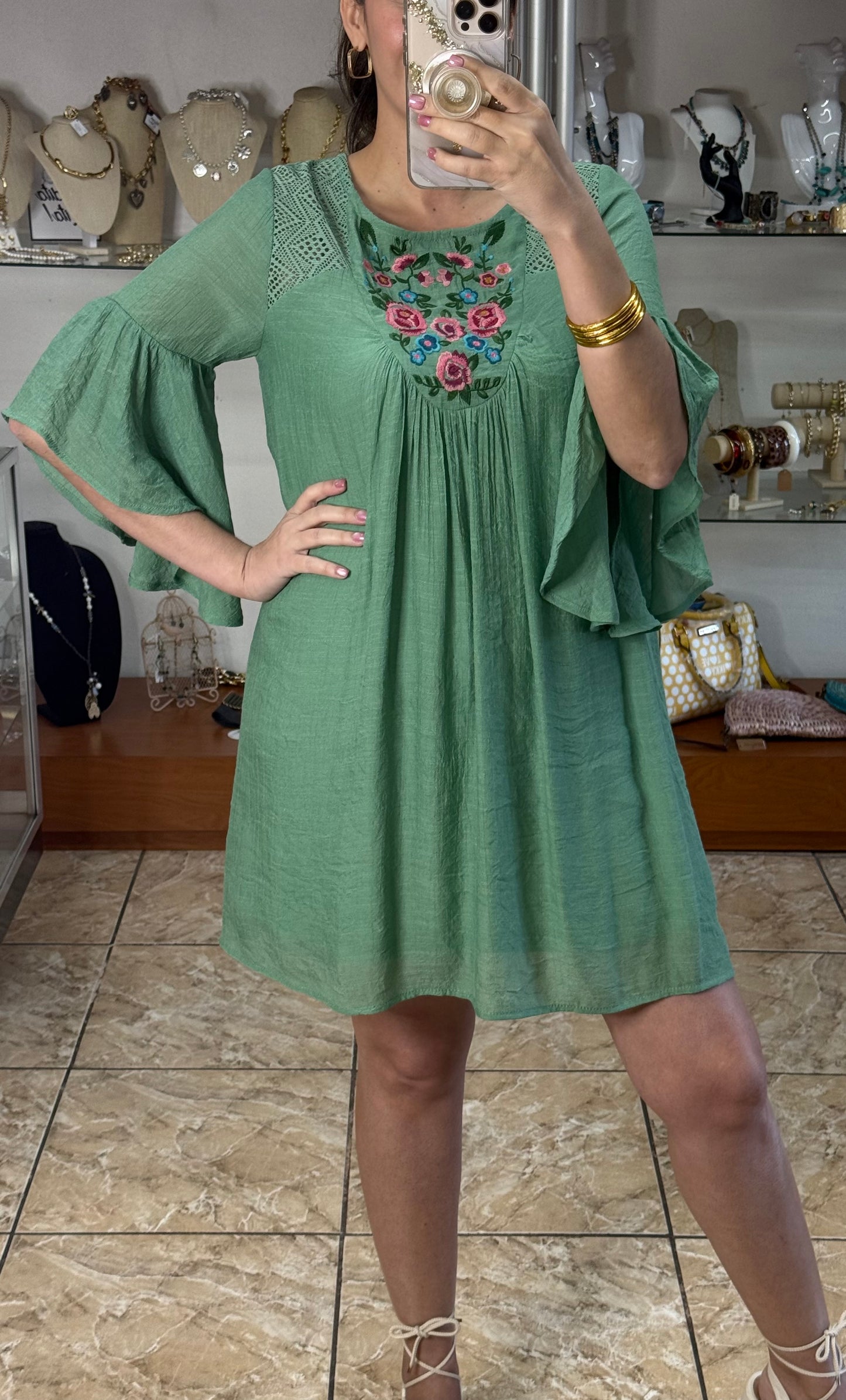 Sage Floral Embroidered Dress (FINAL SALE)