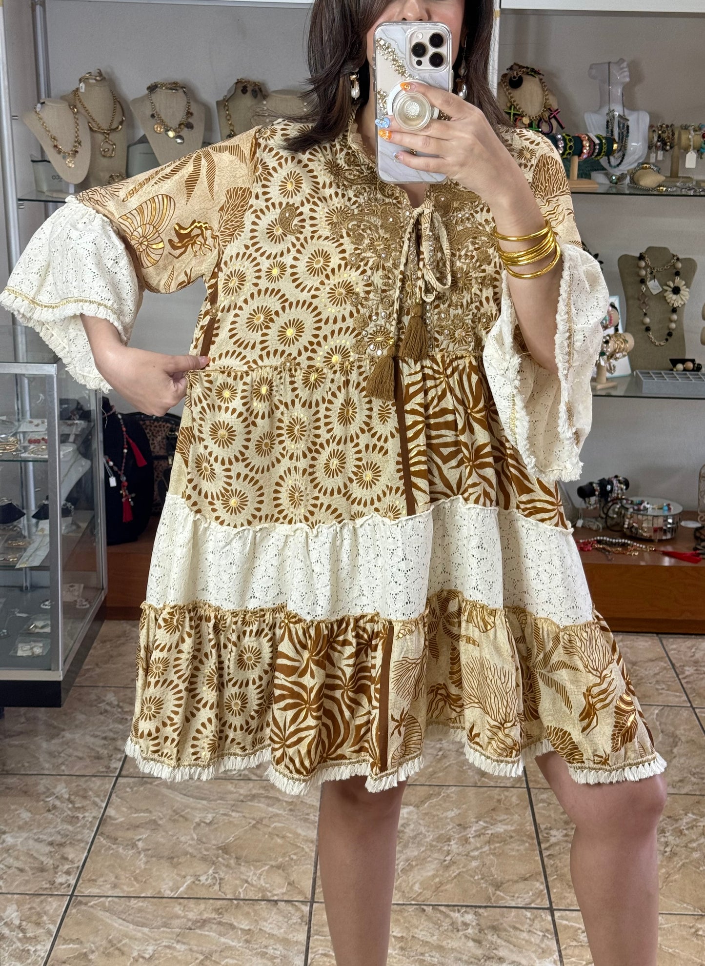 Brown/Cream/Gold OS Boho Dress