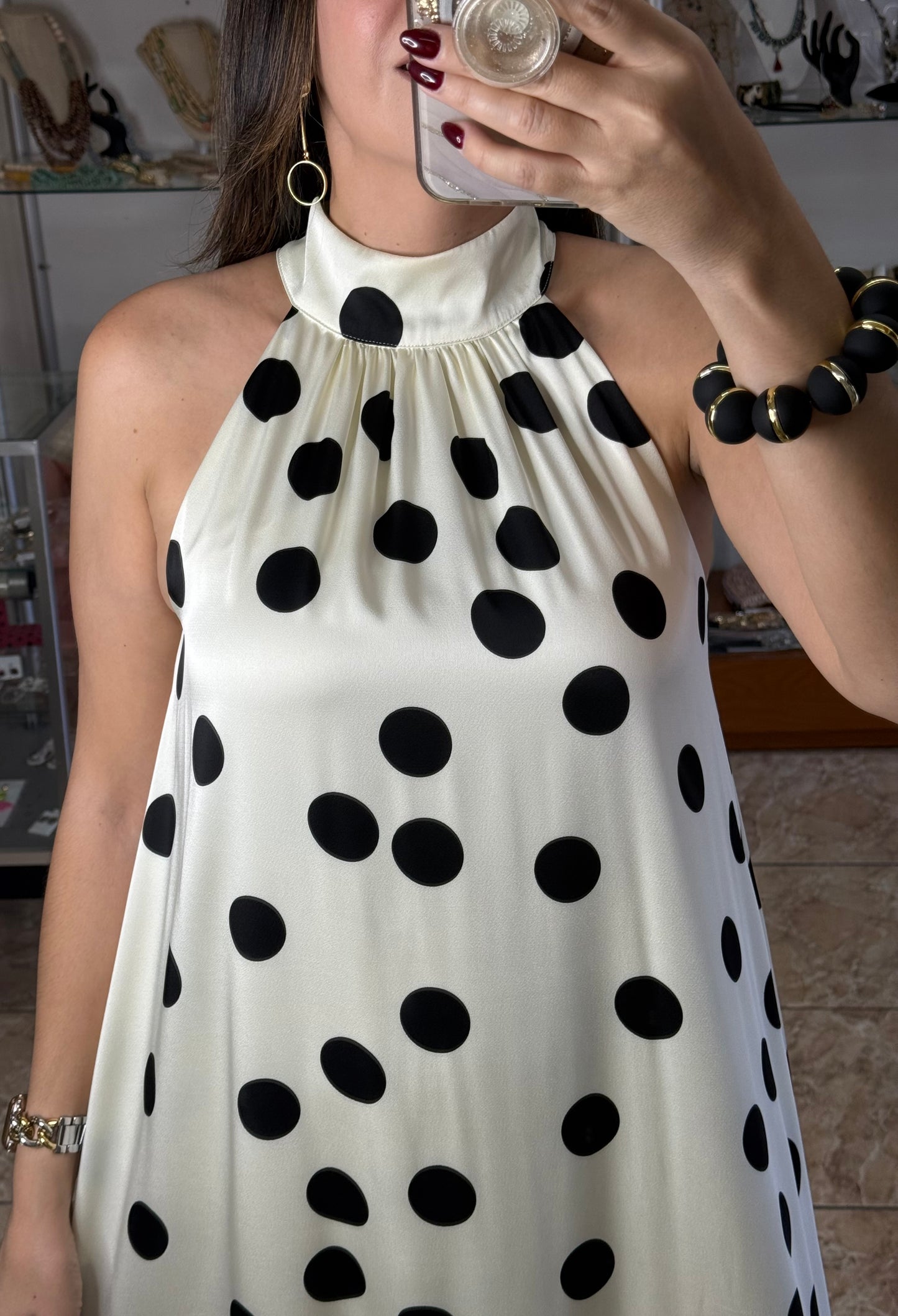 Halter Cream/Black Polkadots with Lace Maxi Dress (NO RETURNS OR EXCHANGE)