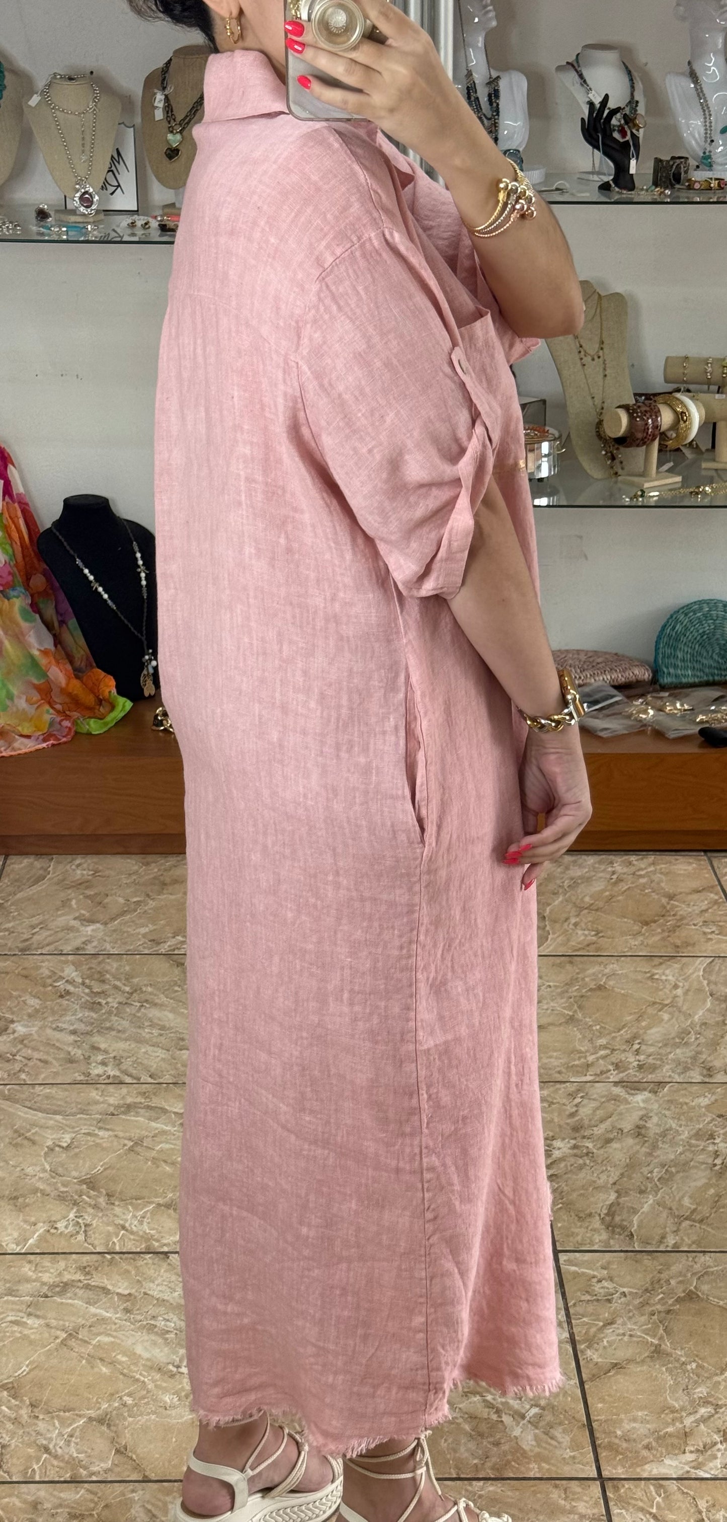 Gold Details Button Down OS Linen Maxi Dress (NO RETURNS OR EXCHANGE)