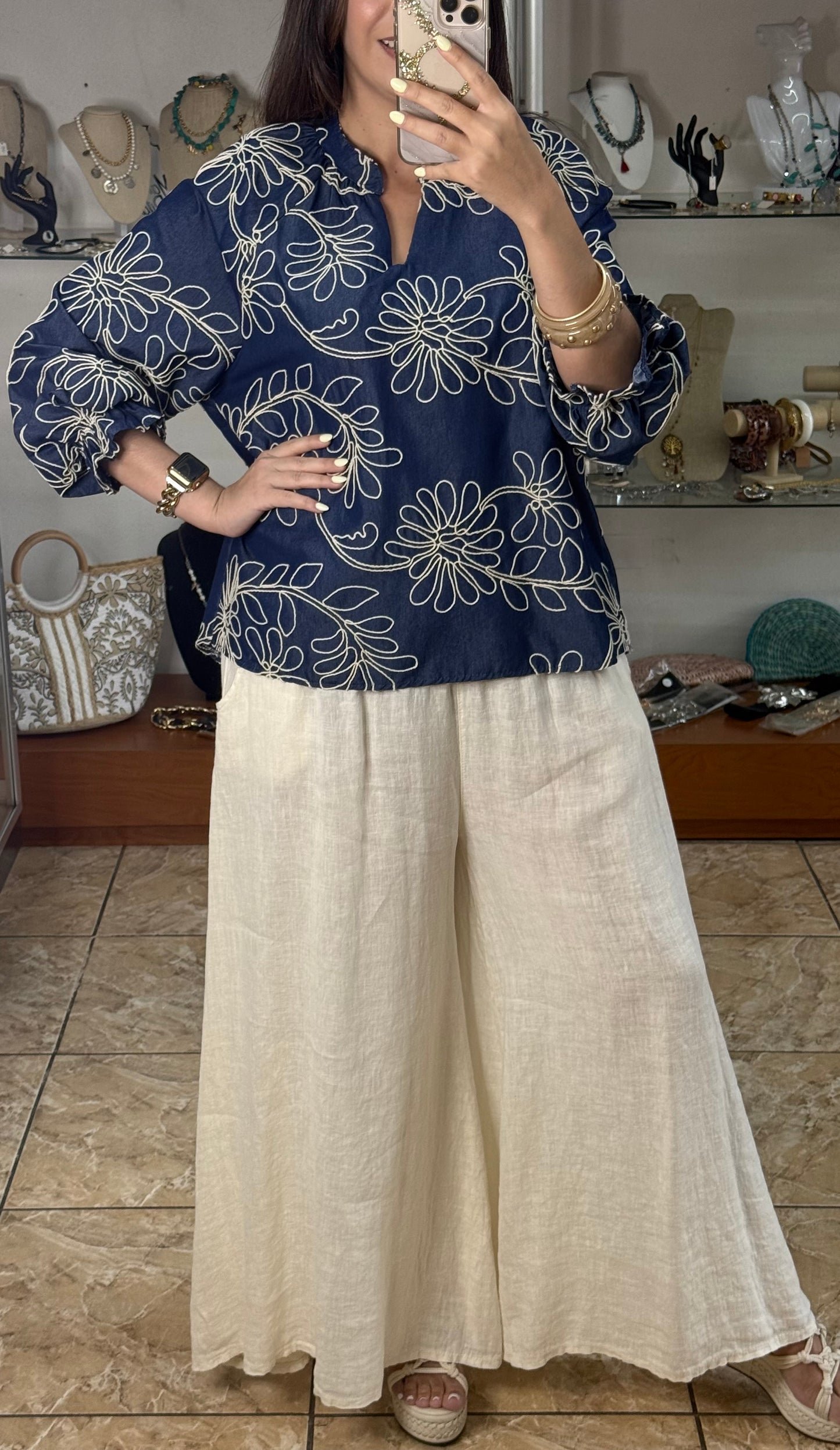 Long Sleeves OS Blue Denim Embroidered Top (NO RETURNS OR EXCHANGE)