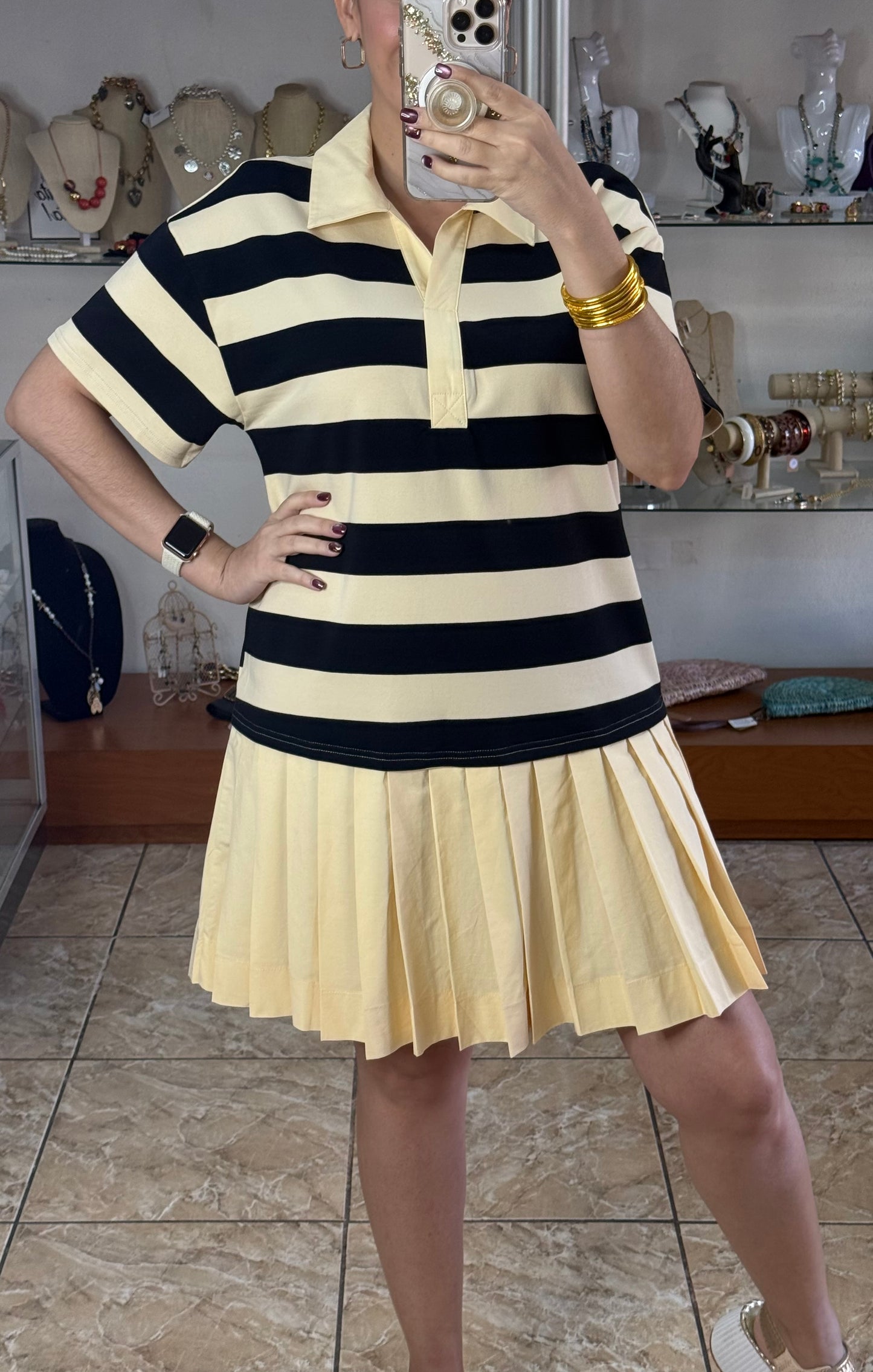 Striped Polo Pleated Mini Dress (Reg & Plus)