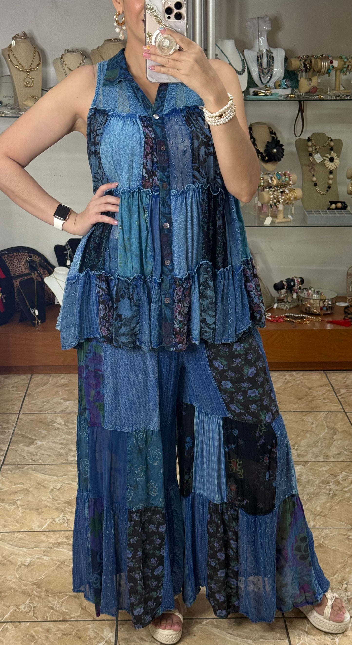 Blue Patches Boho Top and Pant Set (FINAL SALE)