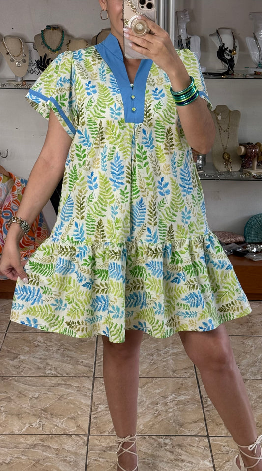 Green Mix Leaves Mini Dress