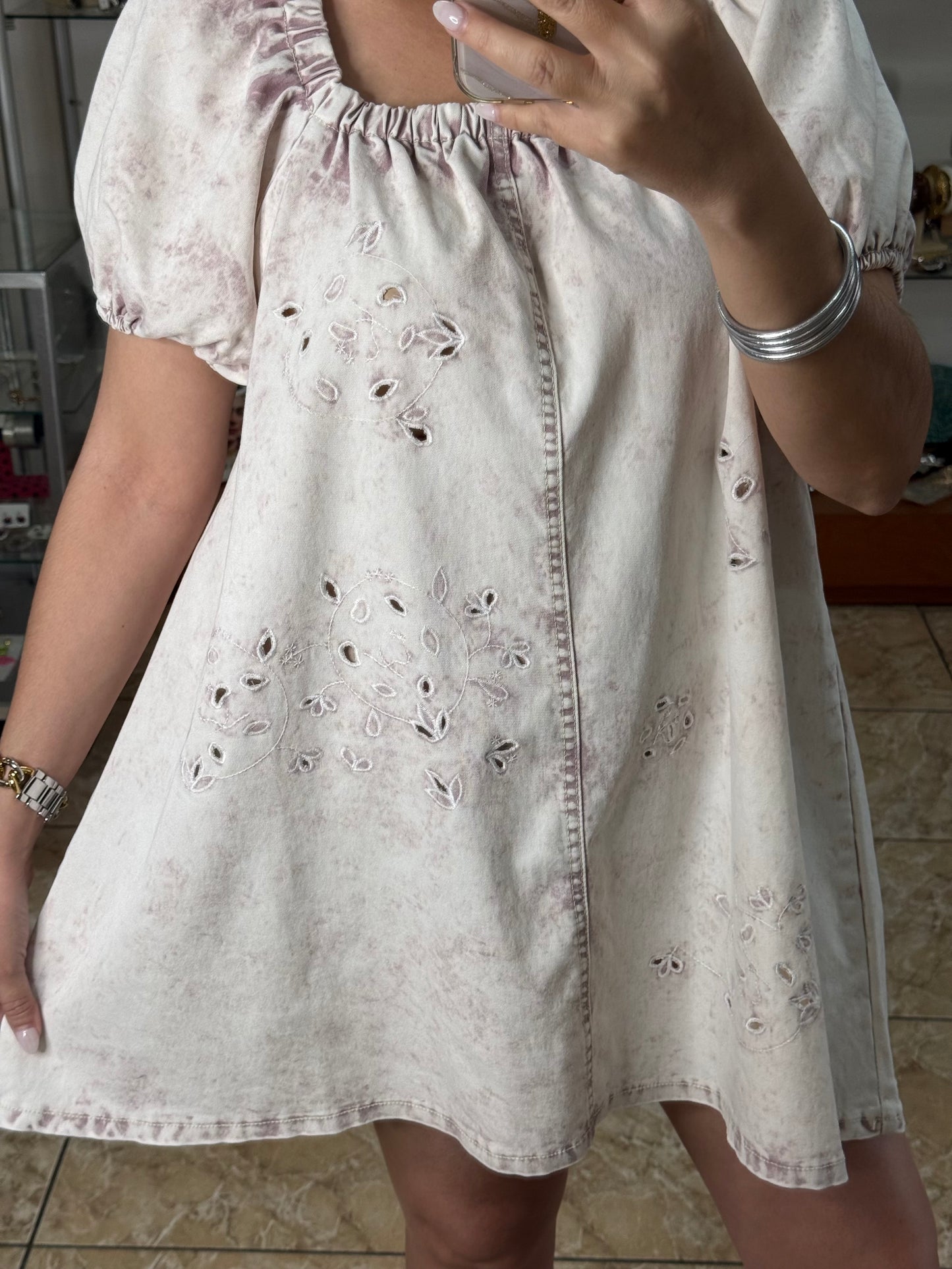 Eyelet Denim Wash Mini Dress