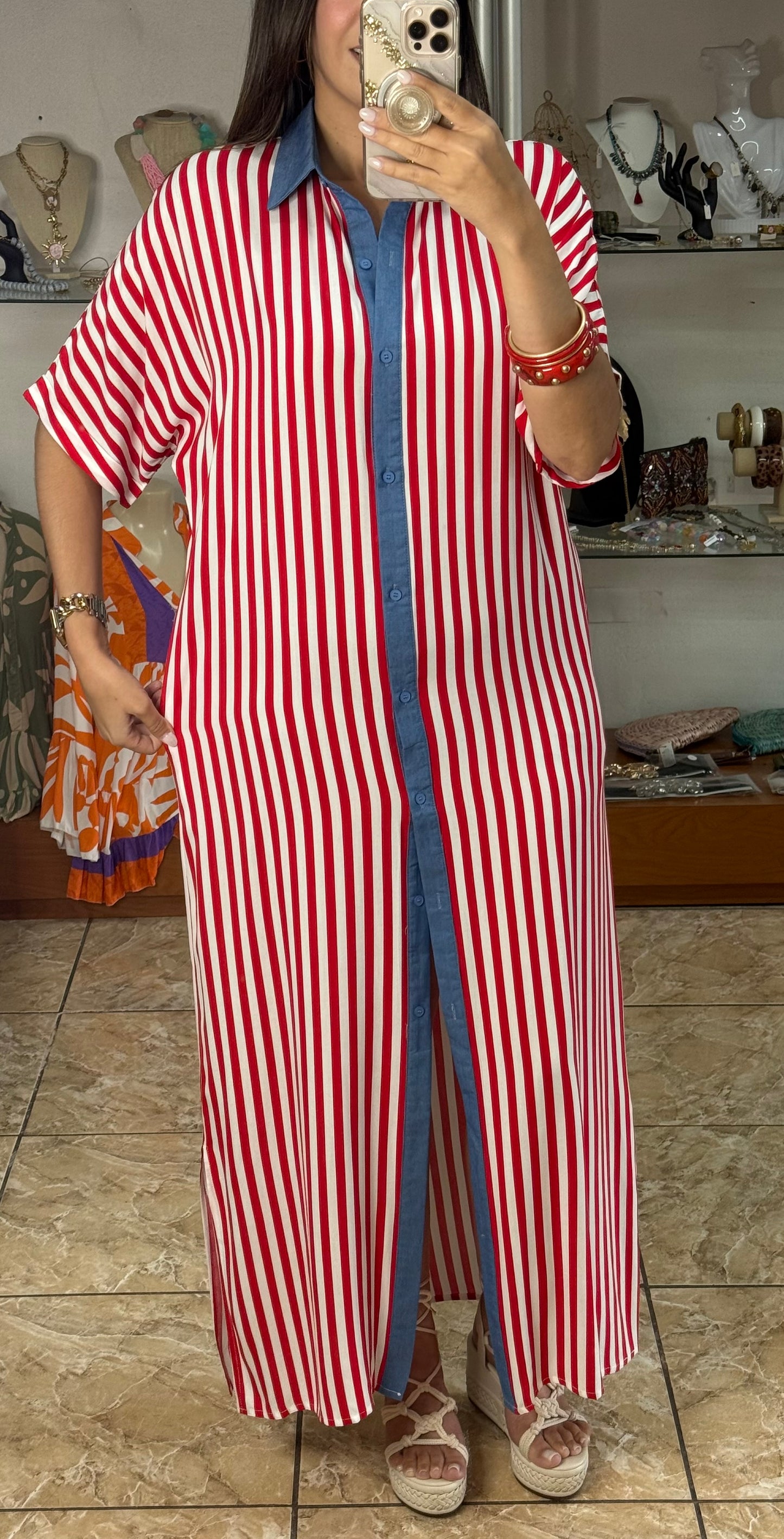 Red Stripes Button Down Maxi Dress